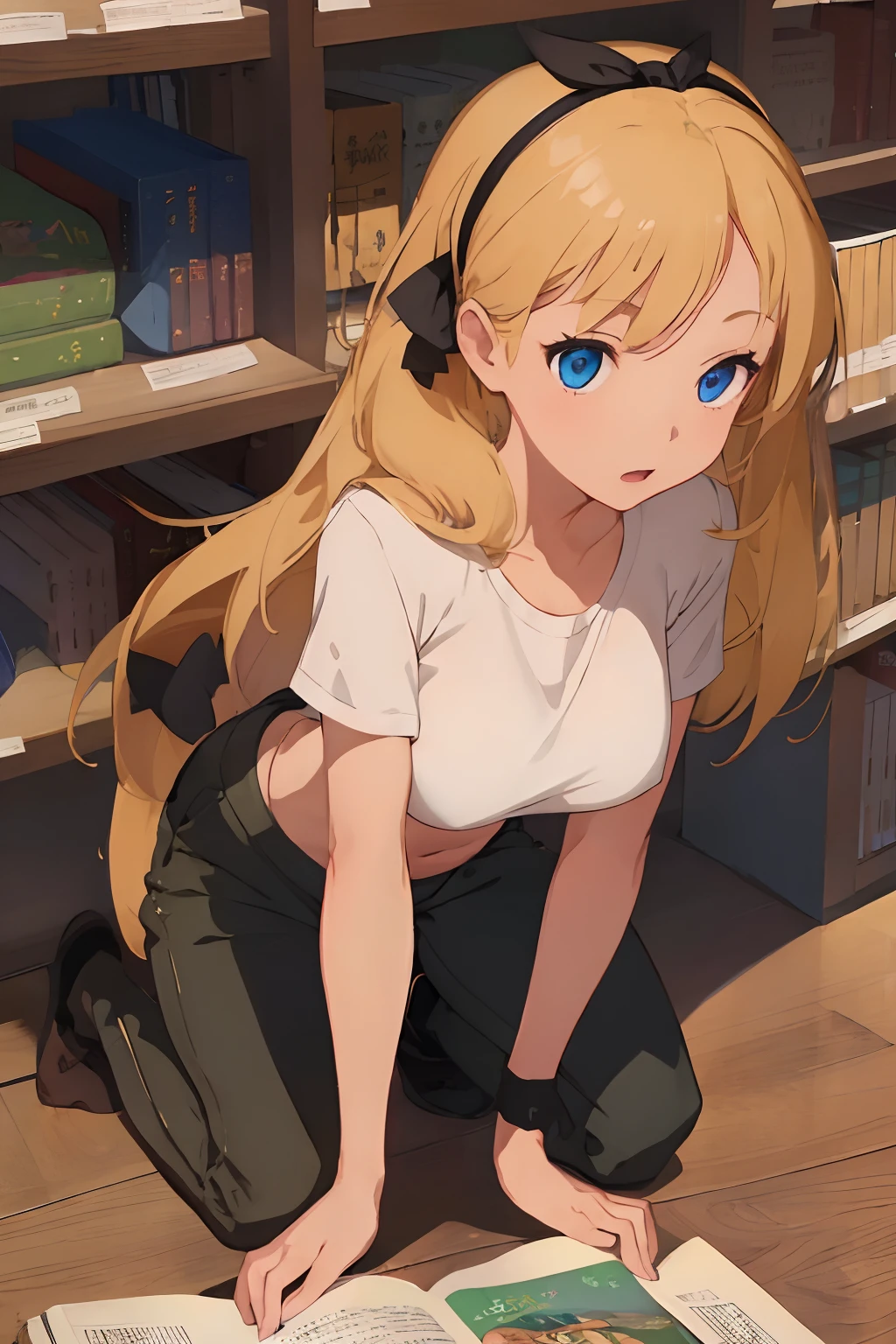 (masterpiece、top-quality;1.3)、ighly detailed、1girl in、atlibrary、Black Hair Band、Blonde long hair、big breast beauty、Show the viewer pants on all fours