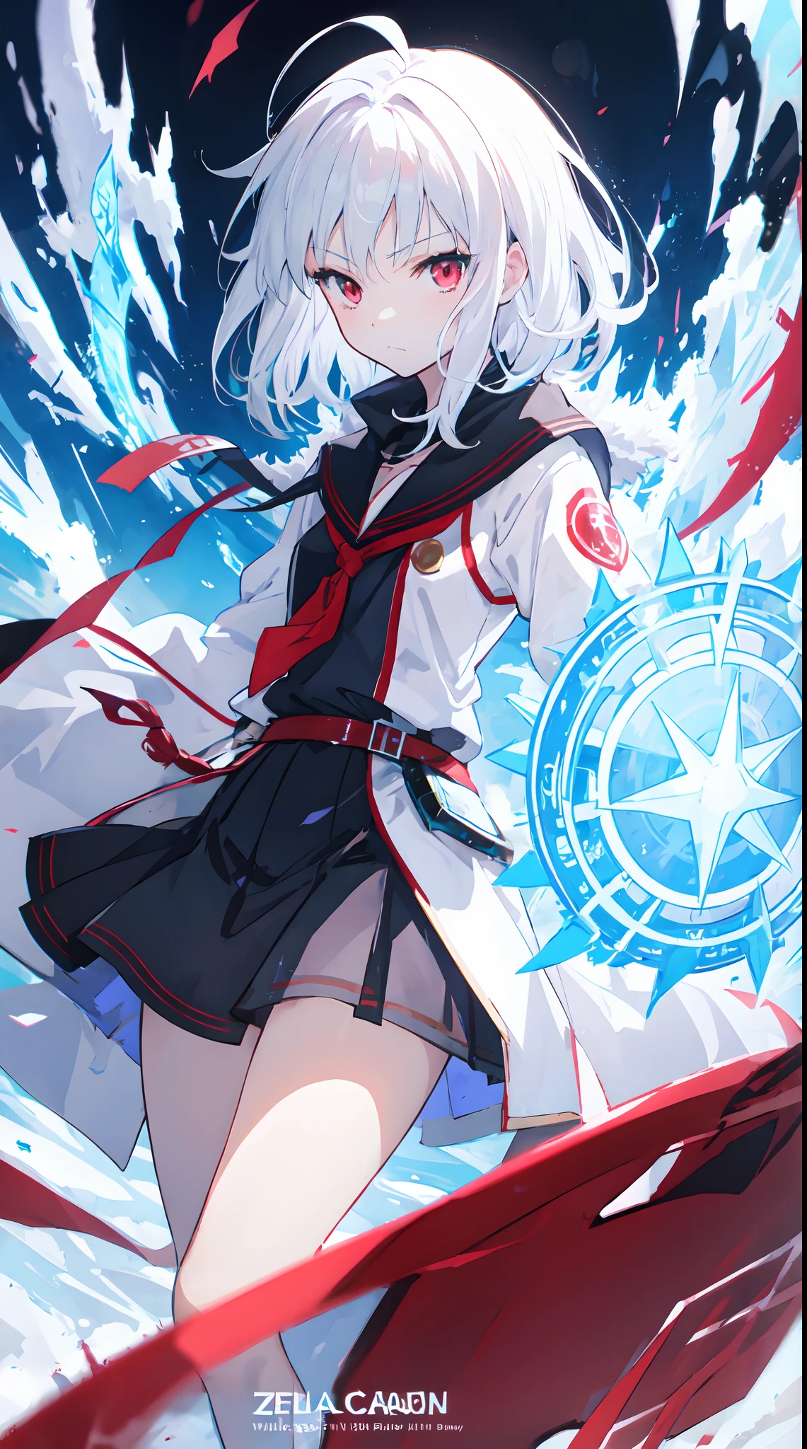 anime girl with white hair and red eyes holding a shield, blue magic circle, ice magic, best anime 4k konachan wallpaper, white haired deity, zerochan art, anime art wallpaper 8 k, anime style 4 k, ufotable art style, detailed anime art, anime art wallpaper 4 k, anime art wallpaper 4k, ryuko matoi, white haired, anime wallaper