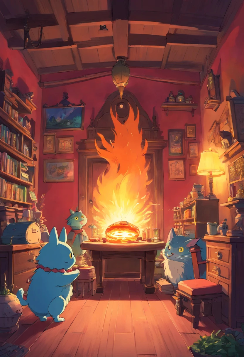 a group of creepy Ghibli monsters gathered inside colorful , Howl's Room, Ghibli style anime, Howl's Moving Castle setting, 2d illustration, portrait, night, calcifer