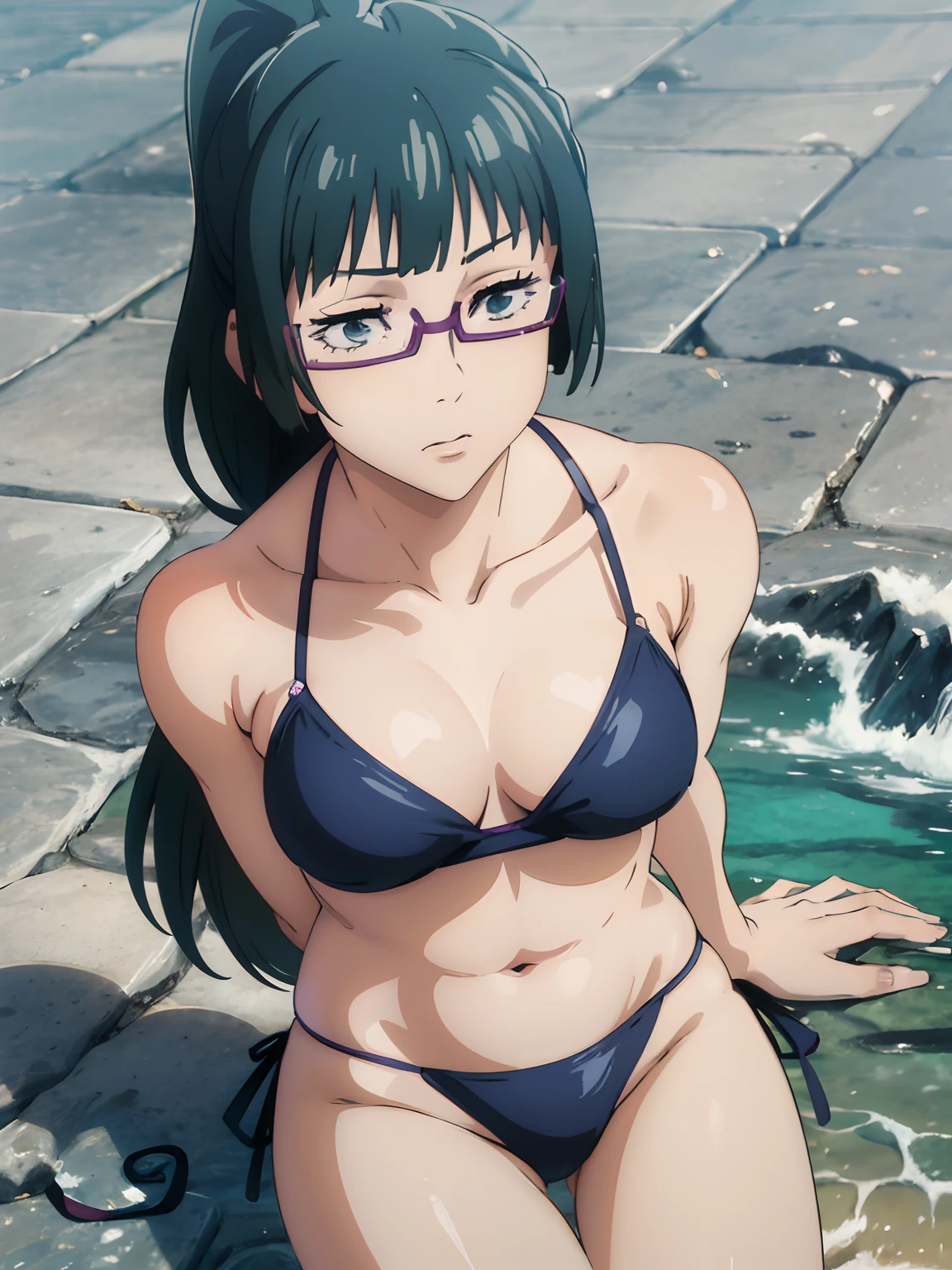 high-level image quality、Girl in micro bikini on the beach, Enchanting anime girl, realistic bikini, Best Anime 4k Konachan Wallpapers, Smooth Anime CG Art, Fubuki, Where is the Gawau, in beach, Marine Kitagawa Fan Art, Ilya Kuvshinov. Racing in 4K, anime moe art style, Zhenyuan Maki. (Best Quality, 4K, Ultra-detailed, Realistic:1.2), Vibrant colors, Soft lighting,Long ponytail,Girl Wearing Glasses,Beautiful expression,Large, Daweed, Innocent, Dreamy, charmed