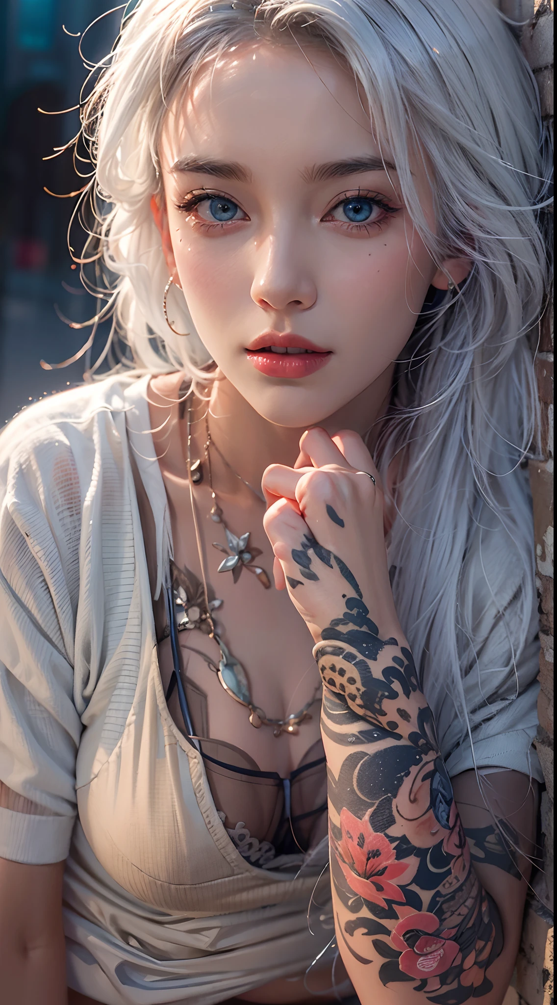 Ashley Emmaline, short hair, curly hair, girl, ultra beautiful, happy, slightly closed eyes, thin night gown, tatoo, lying on the table, full shot, white lighting,  silver hair, elegant background, light background, white room, dreamy, look away, in style of white, look down