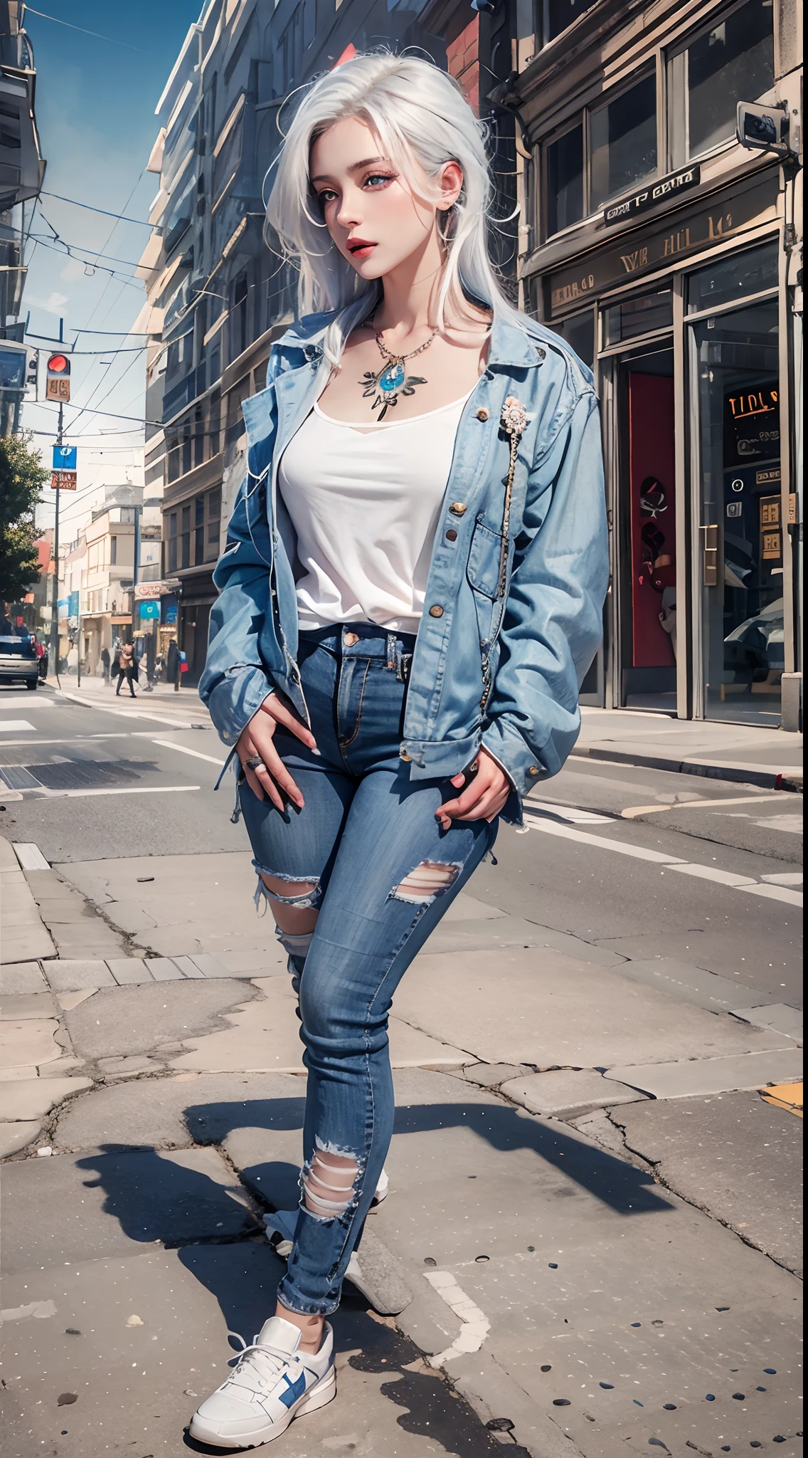 photorealistic, high resolution, soft lights, 1women, 25 years old, solo, hips up, blue eyes, white hair, long hair, jewelry, tattoo, street wear