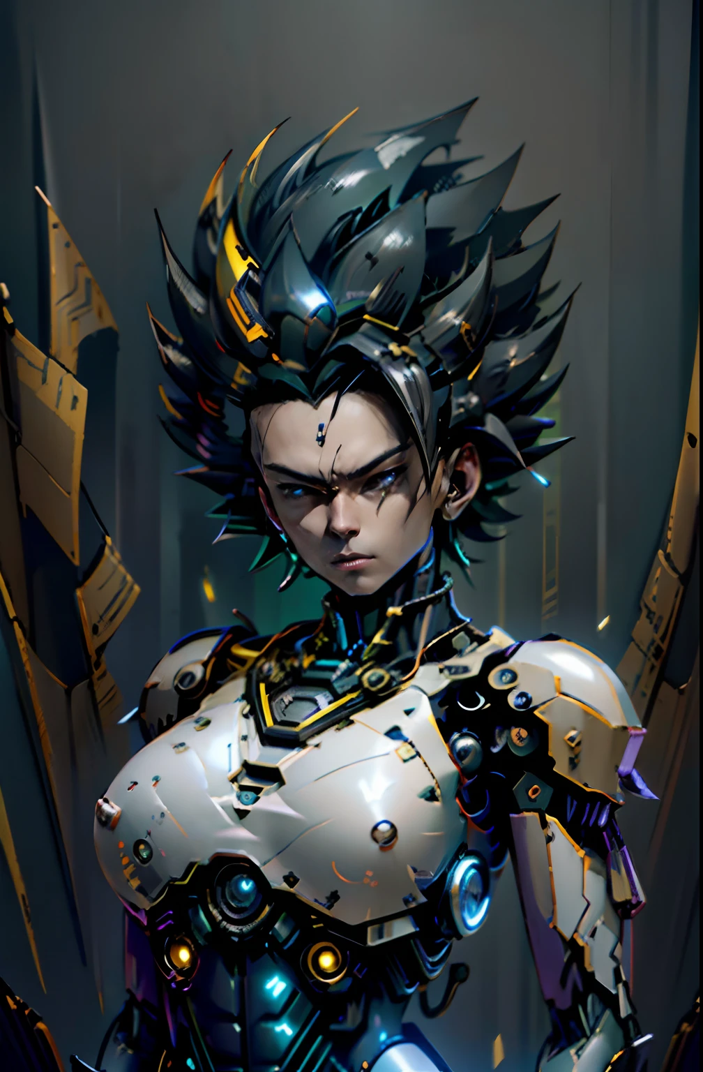 Dark_Fantasy、cyberpunked、(Double Sword、Scorpion Cyborg Man、Das Veilchen:1.1)、1man、Mechanical technology、Robot Presence、Ninja-like fighting stance、Cybernetic Guardian、