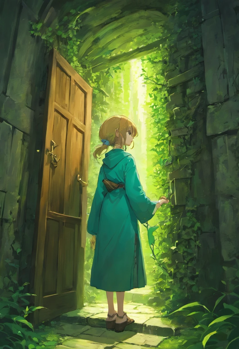 A human stands in front of a wooden door in a maze of stone walls with moss vines. That person's hand holds the key, preparing to unlock the wooden door, surrounded by light from the torch on the wall in the maze.