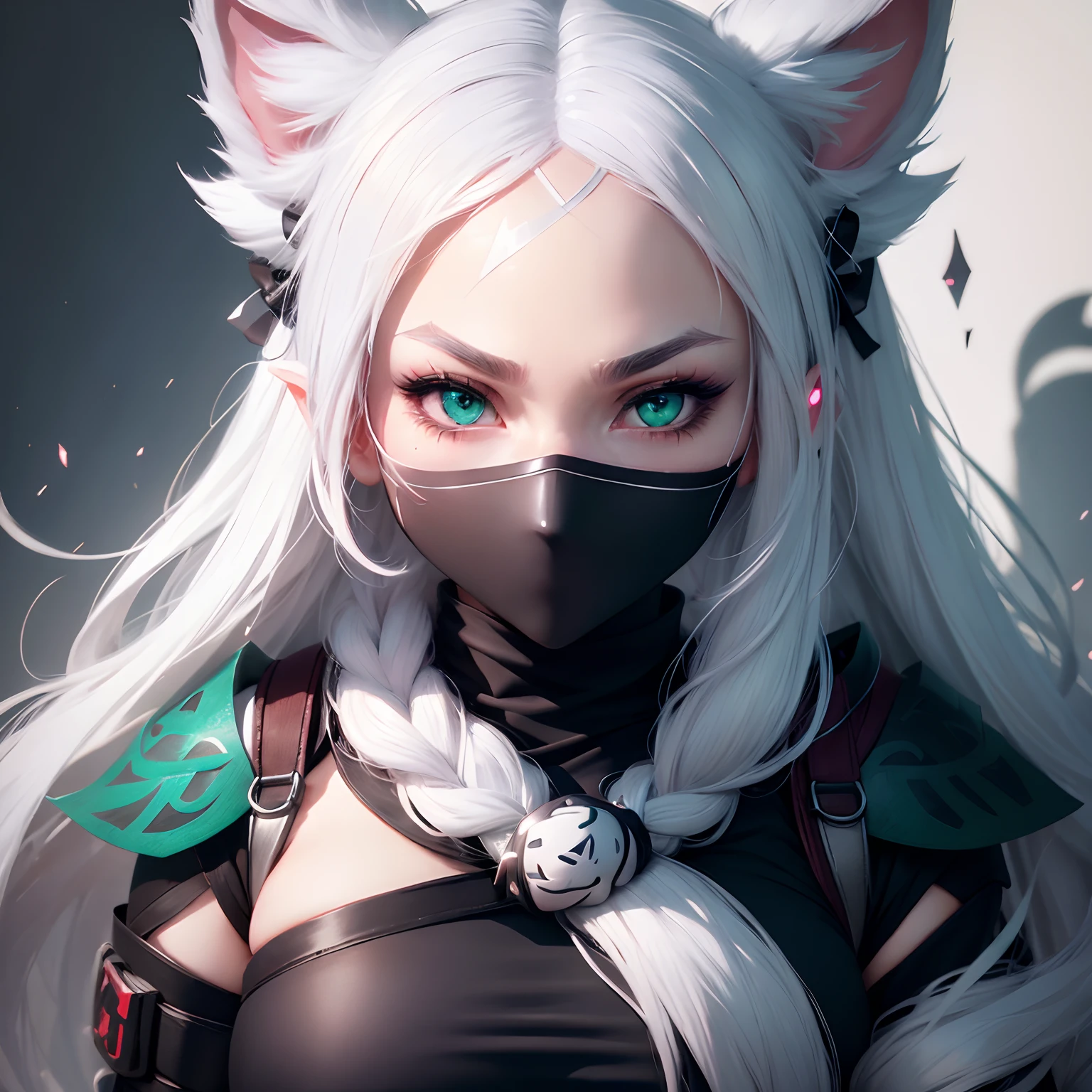 Ninja girl portrait, beatiful green eyes, ultra detailed eyes, blush, white hair, white mask, face covering white mask, 8k, masterpiece, dark background, magic symbols on forehead, neko ears