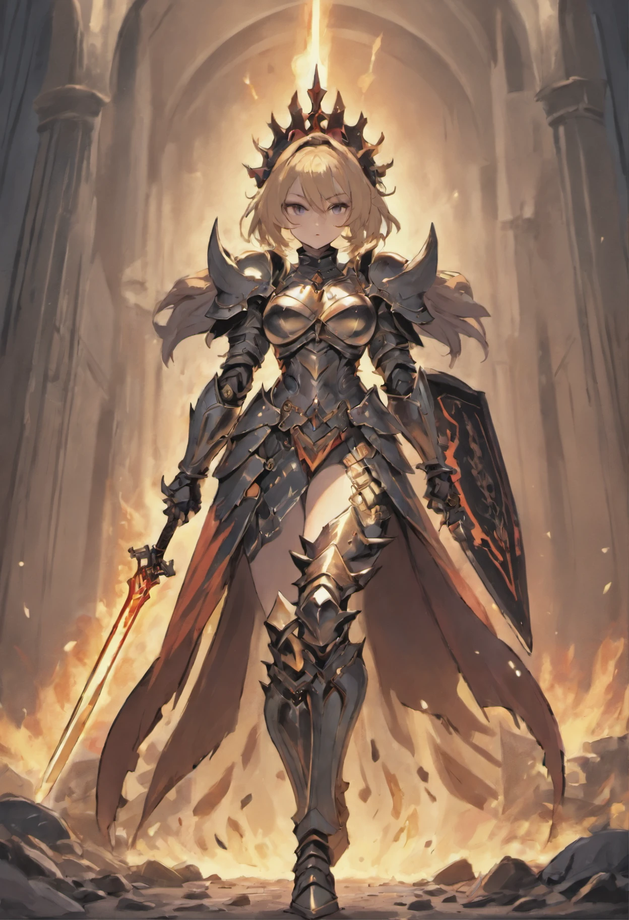 knight in black armor, female, big bust, attractive body, hourglass shape, Tattered Cloak, threatening, fire길한, The face hidden behind the helmet, pointed armor, with full gloves on, cleavage display, thick thighs, blind eyes, detailed armor, strict and cold, Holding a long sword in one hand, Armor on hips and crotch, Armor on the arm, Armor on the legs, full body photo, 중세 마을이 배경에서 fire타고 있다, fire, 단 한 명의 female, angry, Close up of woman in armor holding sword, bikini armor female 기사, female 기사, of a beautiful female 기사, Highly detailed official illustration, armor girl, 8k high quality detailed art, 초상화 기사 female, Thick armor, But the armor covers her face, beautiful female 기사, female 암살자, badass anime 8 k, pale black armor, 4K Detailed Art