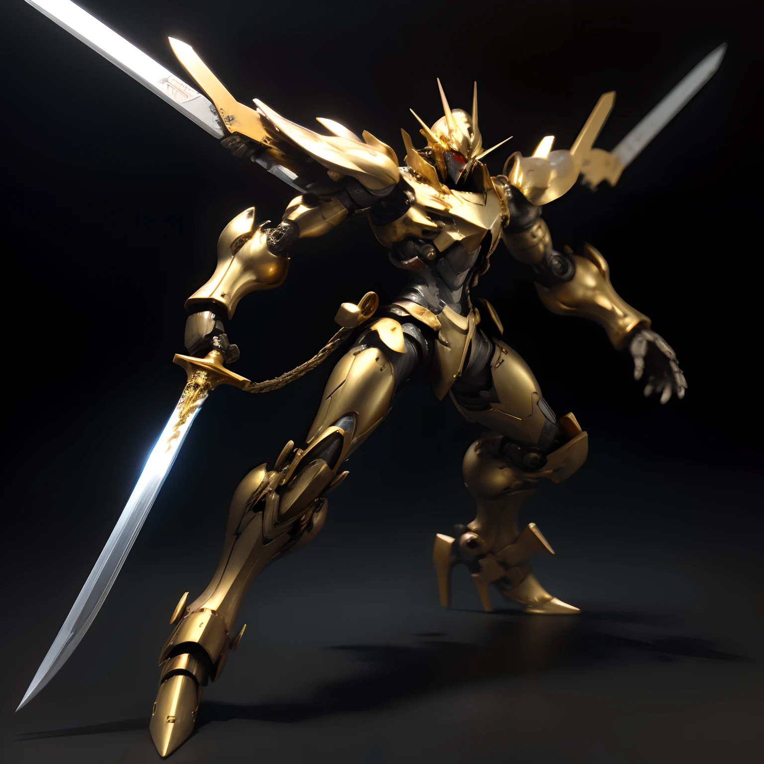 A robot with plain steel face with Four arms ,each arms hold arms hold a Golden sword