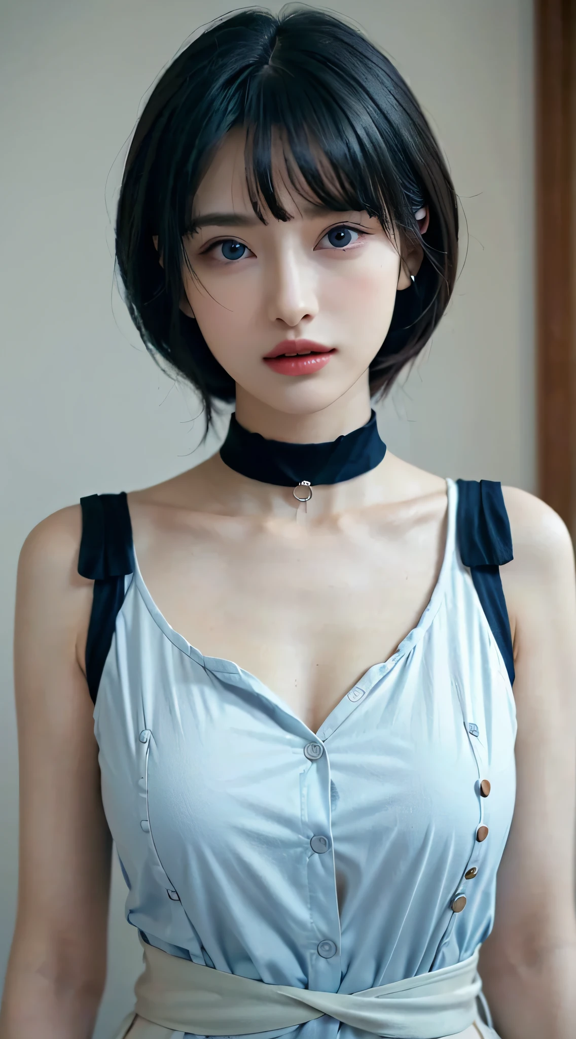 Highest quality、masterpiece、Perfect Anatomy、Posing with no expression、Center of chest,black tight dress,nipple:1.2,turtleneck, ((( Slim body, Brown short hair)))