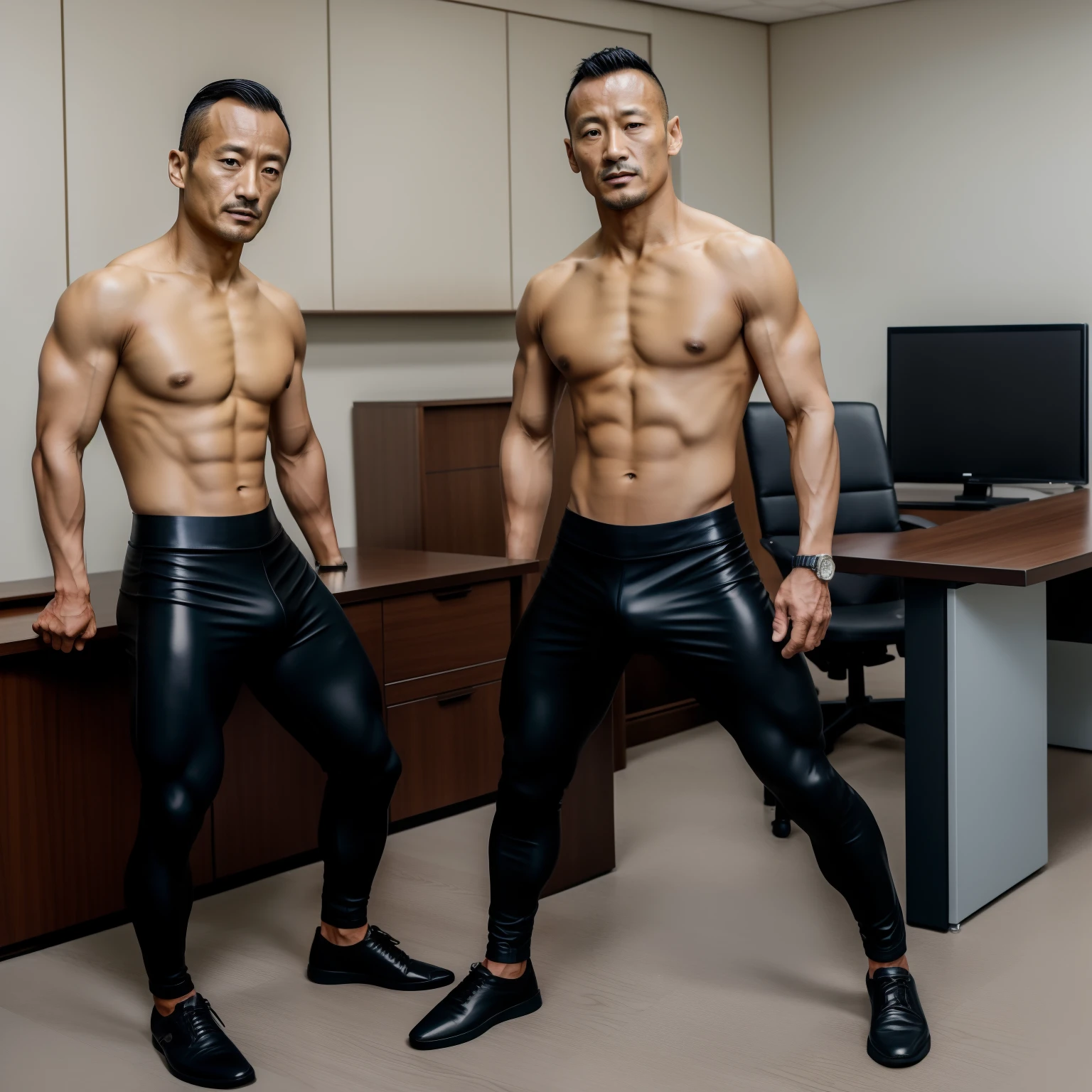 45 yers old,Hidetoshi Nakata,(Kogoro Mouri 1.3),Shirtless,Tong,Bulge,fortitude,two guys,black colored leggings,musculature,fortitude,k hd,office room