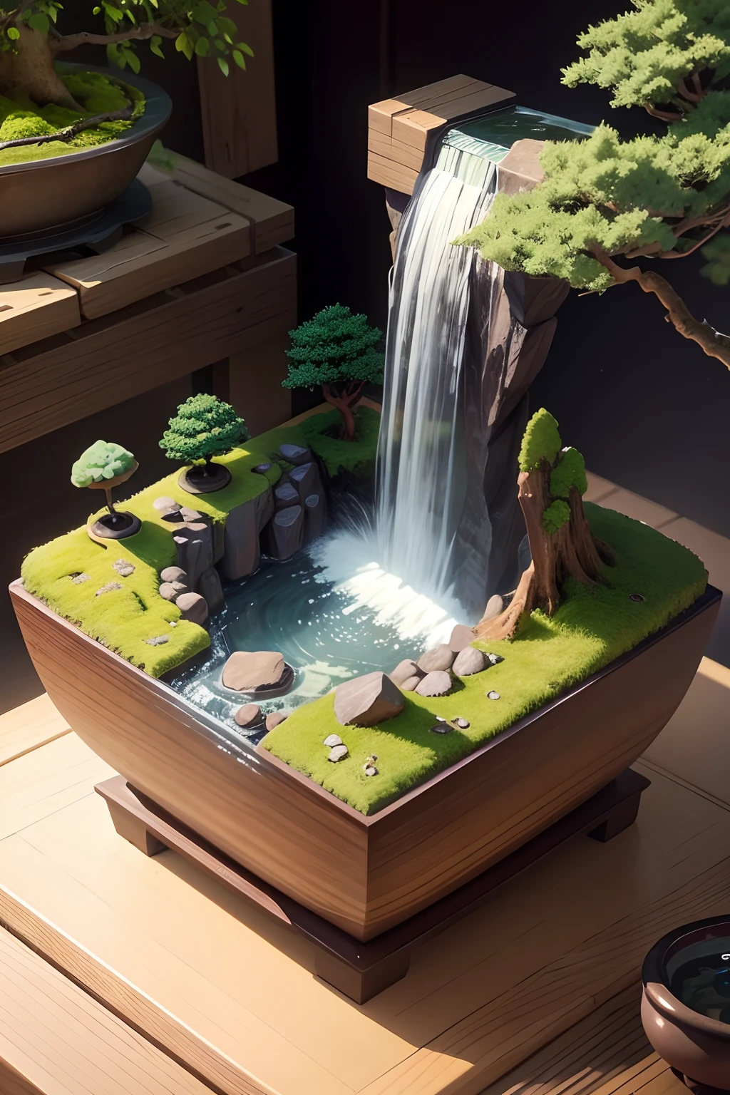 waterfall, bonsai, isometric, 8K, UHD, top quality