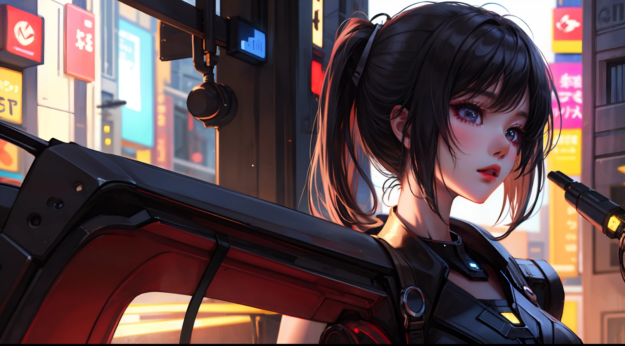 1 girl, upper body, single focus, elite cyborg, Motoko Kusanagi-inspired attire, cybersecurity expert, (cyberpunk city backdrop: 1.4), (elite cyborg: 1.3), cybernetic features, determined aura, [depth of field, ambient lighting, cyber-past foreground, futuristic cityscape], The Major, cybersecurity expert, elite cyborg, (cyberbrain), (cybernetic infiltration: 1.2), intricate details, enhanced lighting.