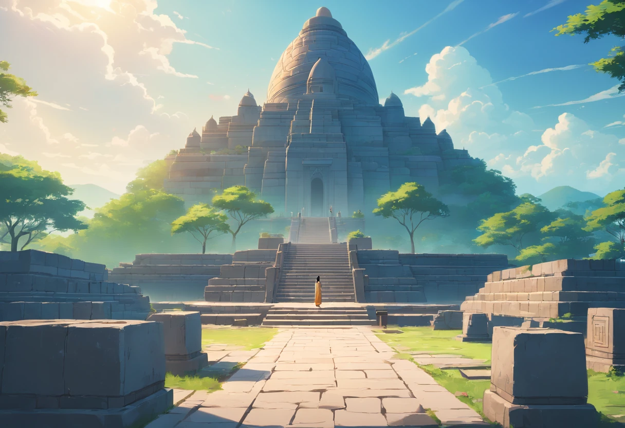 cinematic film still, {Sulaiman, a Middle Eastern man with Indonesian features, is standing on a hill overlooking the construction site of the Borobudur temple. He is dressed in traditional Arab clothing, but he also wears a Javanese sarong. He is surrounded by a group of inlander, who are listening attentively to his instructions. The temple is still in its early stages of construction, but it is already clear that it will be a magnificent structure. The blocks of stone are being carefully placed, and the intricate carvings are beginning to take shape.} . shallow depth of field, vignette, highly detailed, high budget, bokeh, cinemascope, moody, epic, gorgeous, film grain, grainy, overlooking