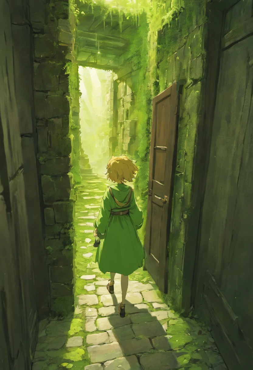 A human stands in front of a wooden door in a maze of stone walls with mossy vines, surrounded by light from a torch on the wall of the maze.