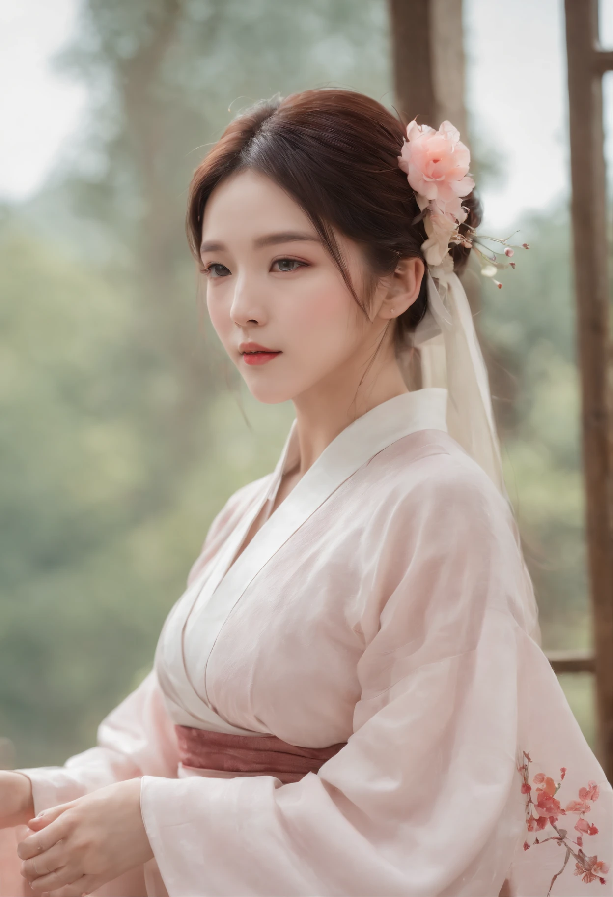 1fille, (ulzzang-6500:0.7), Kpop Idol, Yae Miko, detached sleeves, bare shoulders, cheveux roses, cheveux longs, japanese clothes, Best quality, (painting:1.5), (ornement de cheveux:1.35), joaillerie, yeux violets, earrings, poitrine, Torii, Cerisiers, Lanterne lumineuse, profondeur de champ, Detailed face, Mise au point sur le visage, ruban_couper, (Regarder le spectateur:1.25), Miko non traditionnel, peau brillante, manches longues, sourire, thick lips, Jeu CG, hands on lips, east asian architecture, (blured background:1.2), assis, Haut du corps,