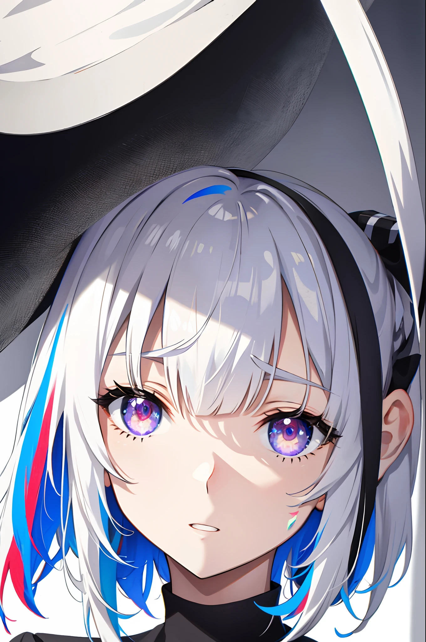close up shot, eye close up, ((masterpiece)), ((ultra-detailed)), pixiv, best shadows, best lighting, best quality, cinematic shot, 1girl, solo, bangs, black background, paint, portrait, short hair, blunt bangs, parted lips, paint splatter, ((two-tone hair)), looking at viewer, white hair, ((colorful eyes)), paint splatter on face, chromatic aberration, simple background