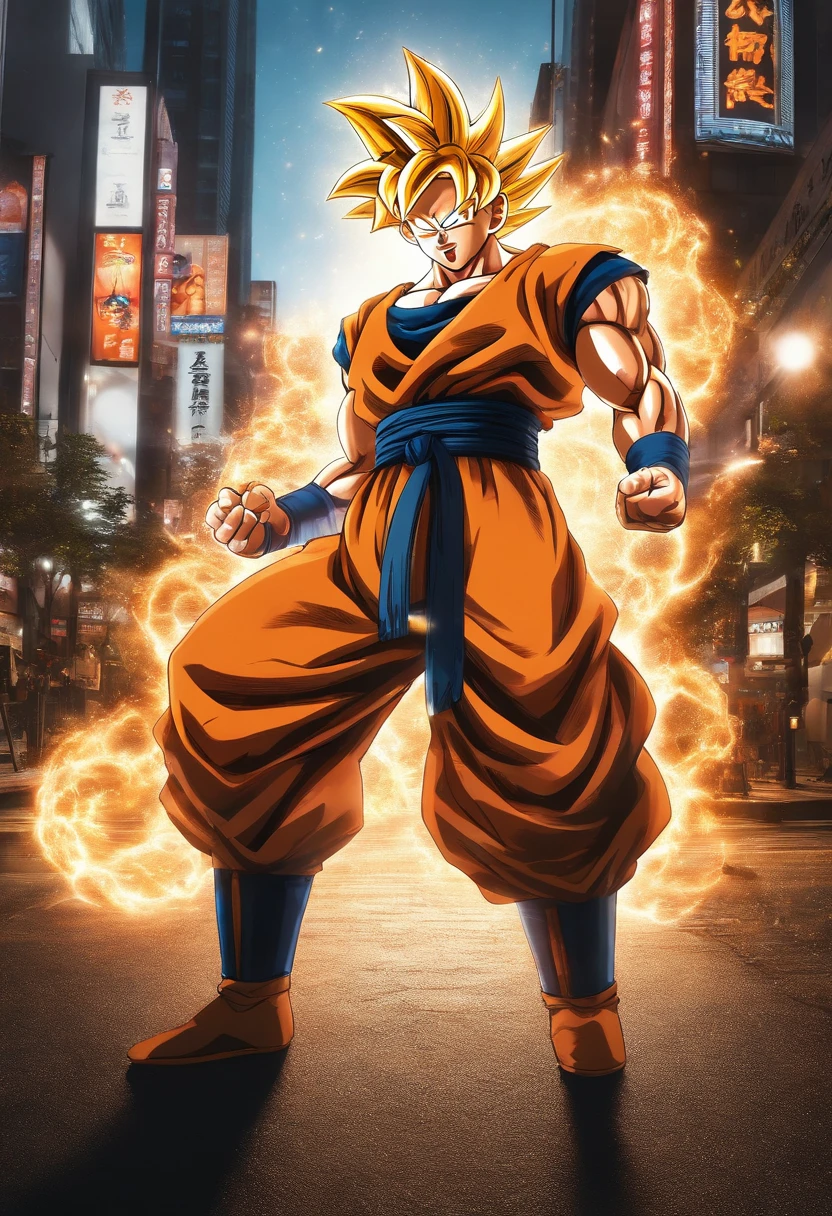 Kamehameha de Goku, excelente obra-prima. Kamehameha de Goku luminoso e brilhante, particulas de luz flutuantes, detalhe facial. no cruzamento mais famoso de tokyo em shibuya, ultra realista, real em 8k, 4k, minimos detalhes