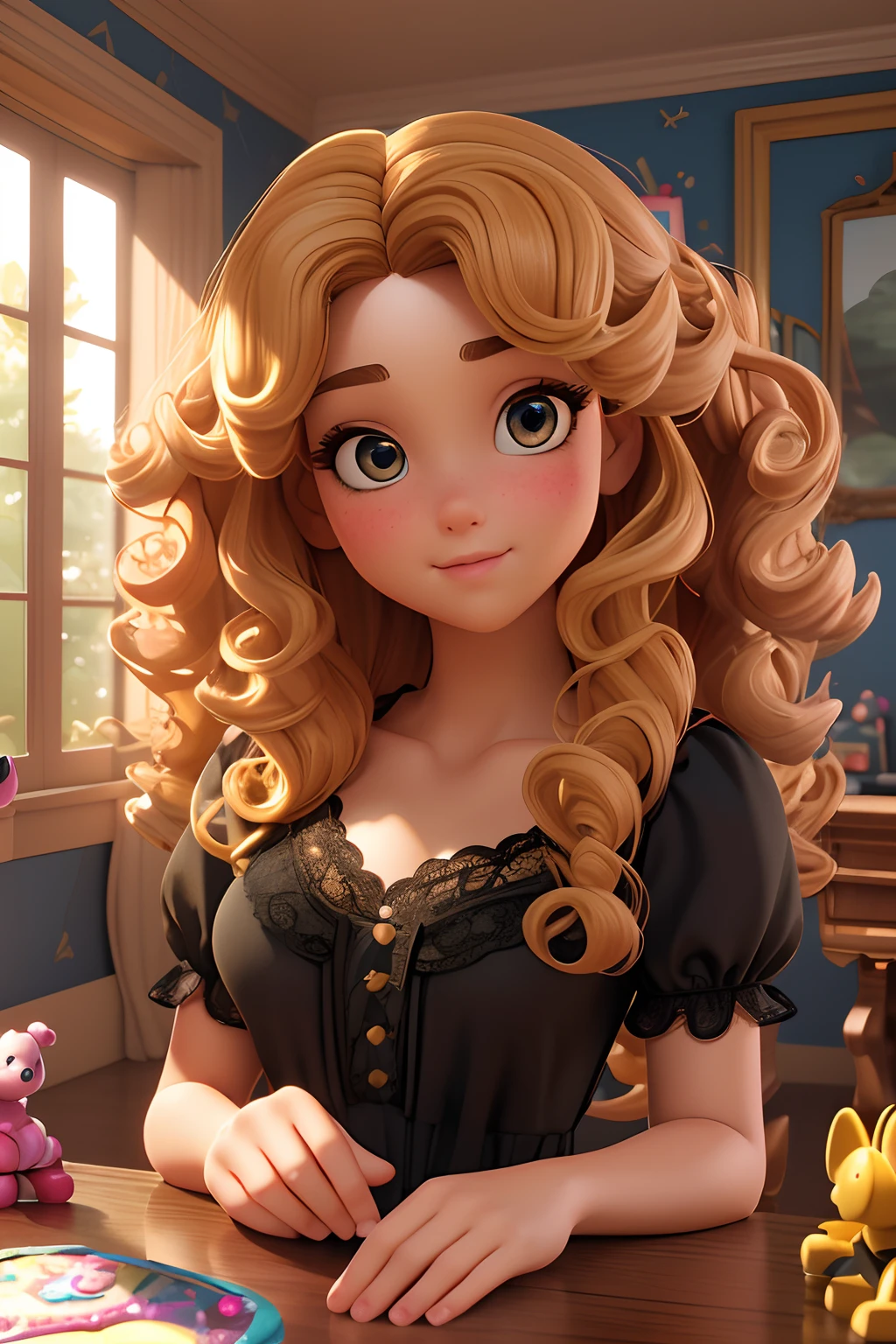 （Masterpiece),((High quality)),(best beautiful:1.2),(artwork of a),(3D stereoscopic face),8K,(Disney),A girl with a beautiful face,Yellow curly hair,faint blush,Wearing a black top with lace,In a room full of toys,Her eyes are focused on the camera,Background blur and mystery,Sunlight rays,Enchanted expression,artistic design,