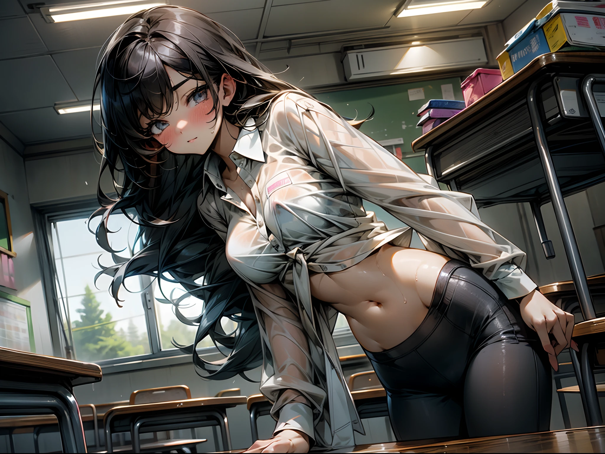 1girl, breasts, solo, see-through, shirt, large breasts, looking at viewer, long hair, cleavage, white shirt, black hair, see-through shirt, blush, wet clothes, classroom, wet, blue bra, school uniform, indoors, wet shirt, underwear, navel, bangs, bra visible through clothes, collared shirt