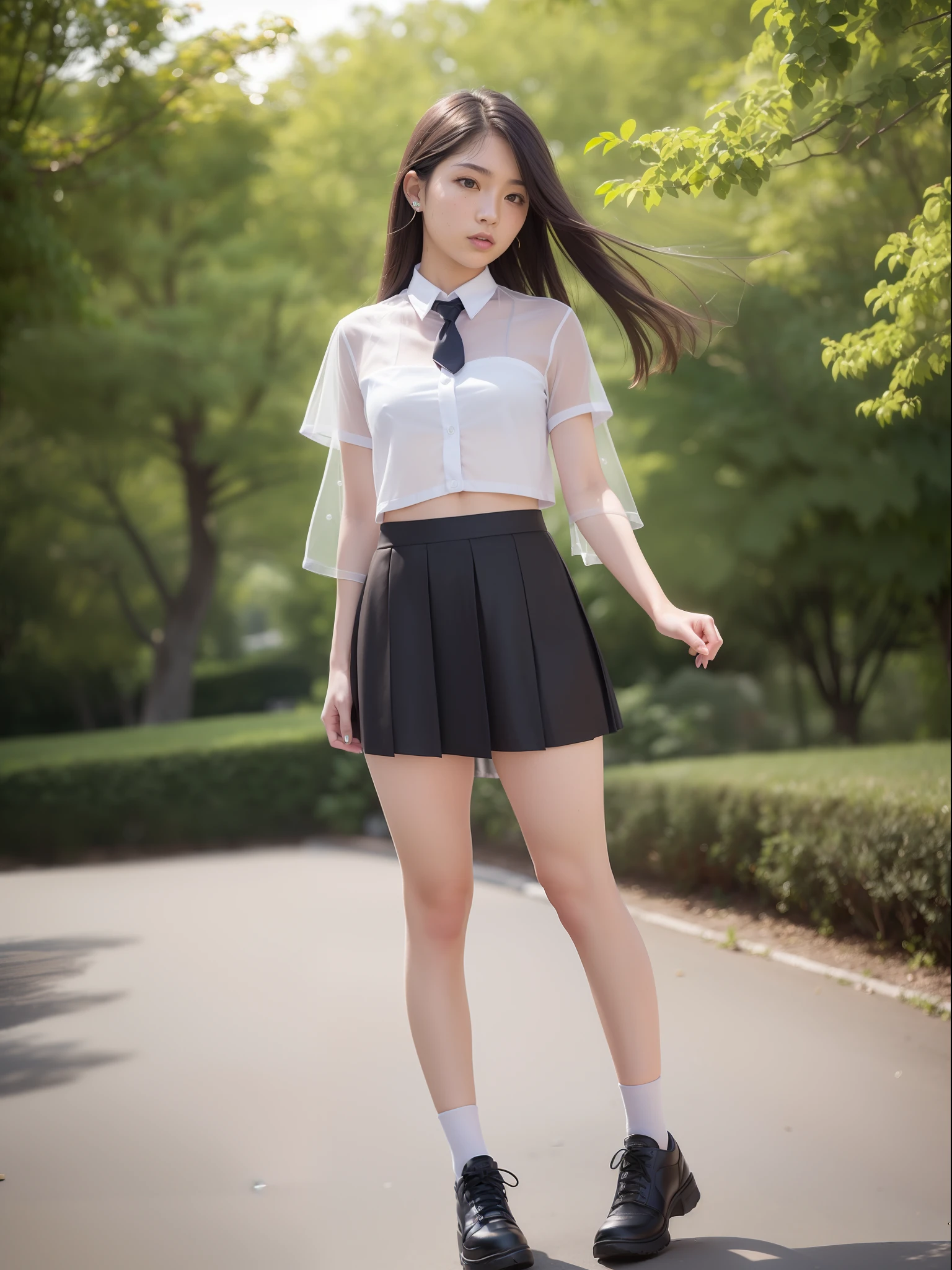 18 Year Old Woman, Long hair, Raw photo, Bokeh (Realism: 1.4, Realistic), high-definition CG unified 8K wallpapers, 1girl in, ((Slim body: 1)), (Small breasts: 1), Back to viewers, ((Direct view from the front)), (HQ Skin: 1.4), 8K UHD, Digital SLR, Soft light, High quality, Film grain, FujifilmXT3, ((School uniform, Short skirt,See-through open skirt:1.5)), ((plein air, on the park))) jangjoo, Portrait,((Layered short haircuts, Black Hire,tiny chest:1.2)),(Looking at Viewer:1.4),(Full body:1.8),Detailed face,undergarment,crouching down
