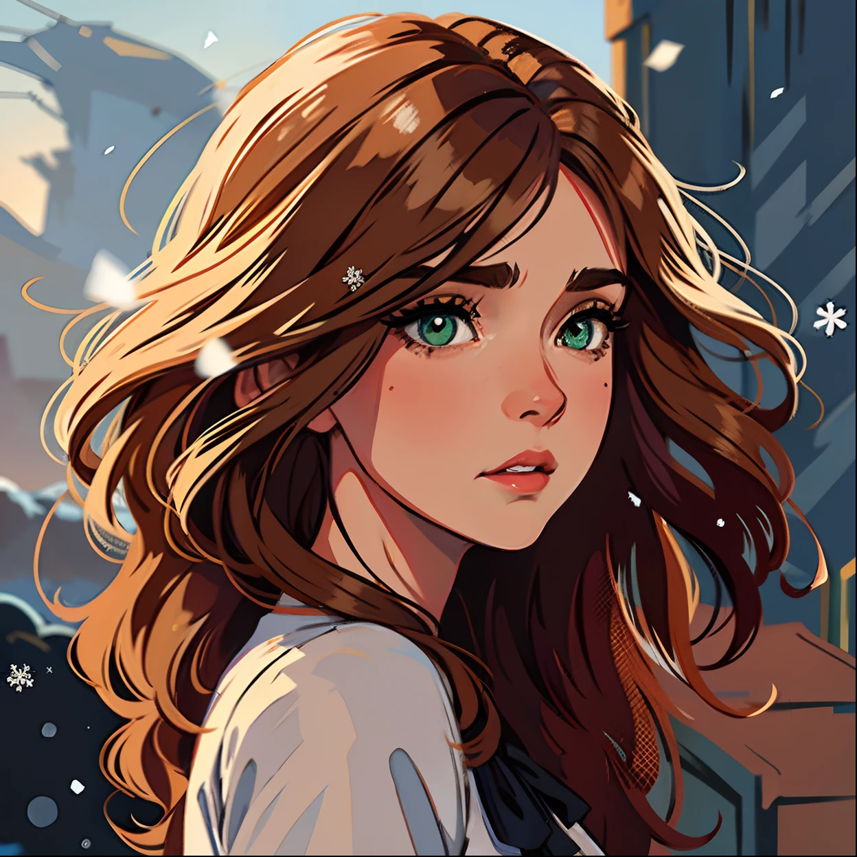 Uma bela mulher de olhos verdes e cabelos castanhos longo ondulado (brown hair) (Detailed strokes) Princess eyes Sexy curvy eyelashes A white background of snowflakes through the air Expressive with a sad look