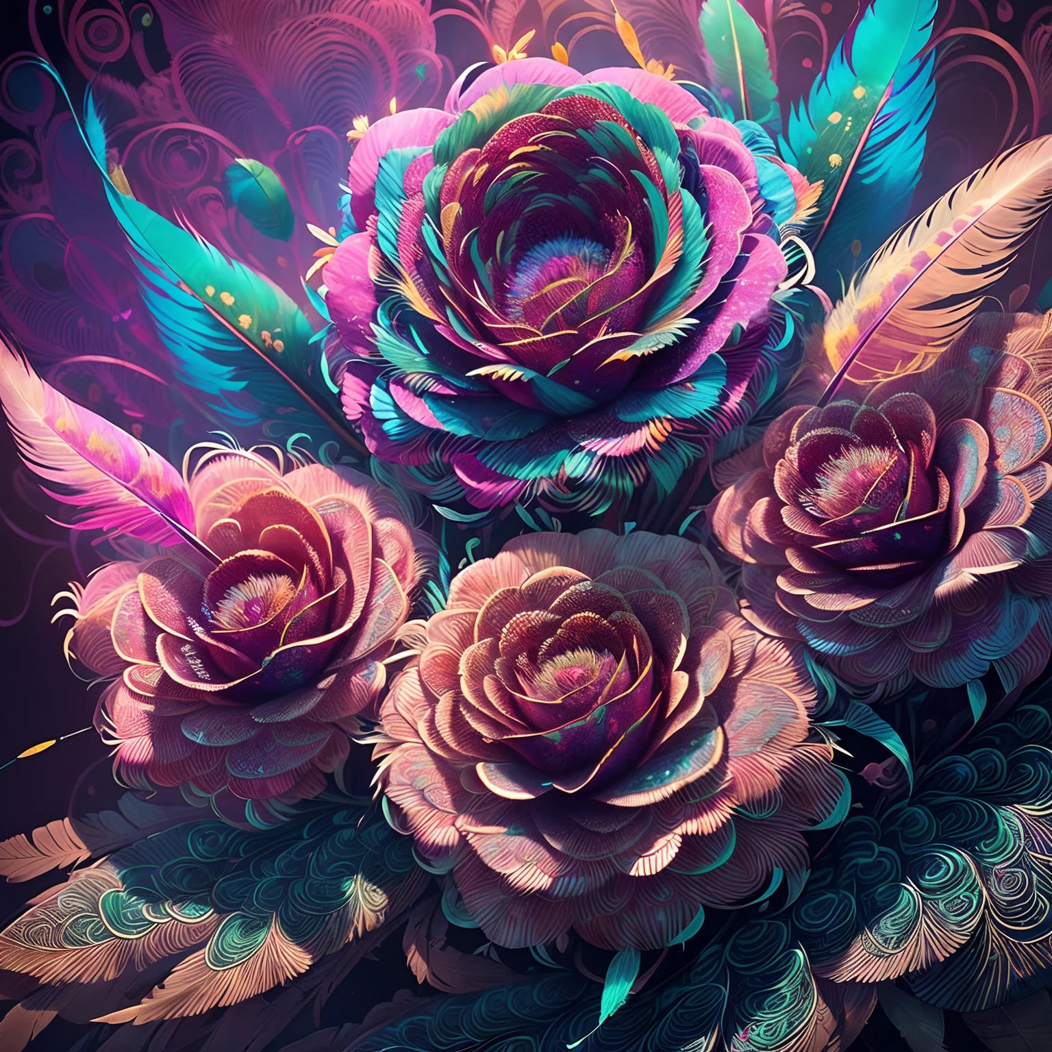 Riff Style 2 (masutepiece, top-quality, Best Quality, Official art, Plants and bird feathers, Beautiful and aesthetic:1.2), (roses,Pampas grass:1.3), Extremely detailed,(Fractal Art:1.1),(Colorful:1.1)(Flowers:1.3),highest details,(Zentangle:1.2), (Dynamic Pose), (Abstract background:1.3), (Shiny skin), (Many colors:1.4), ,(earrings), (Feathers:1.5)