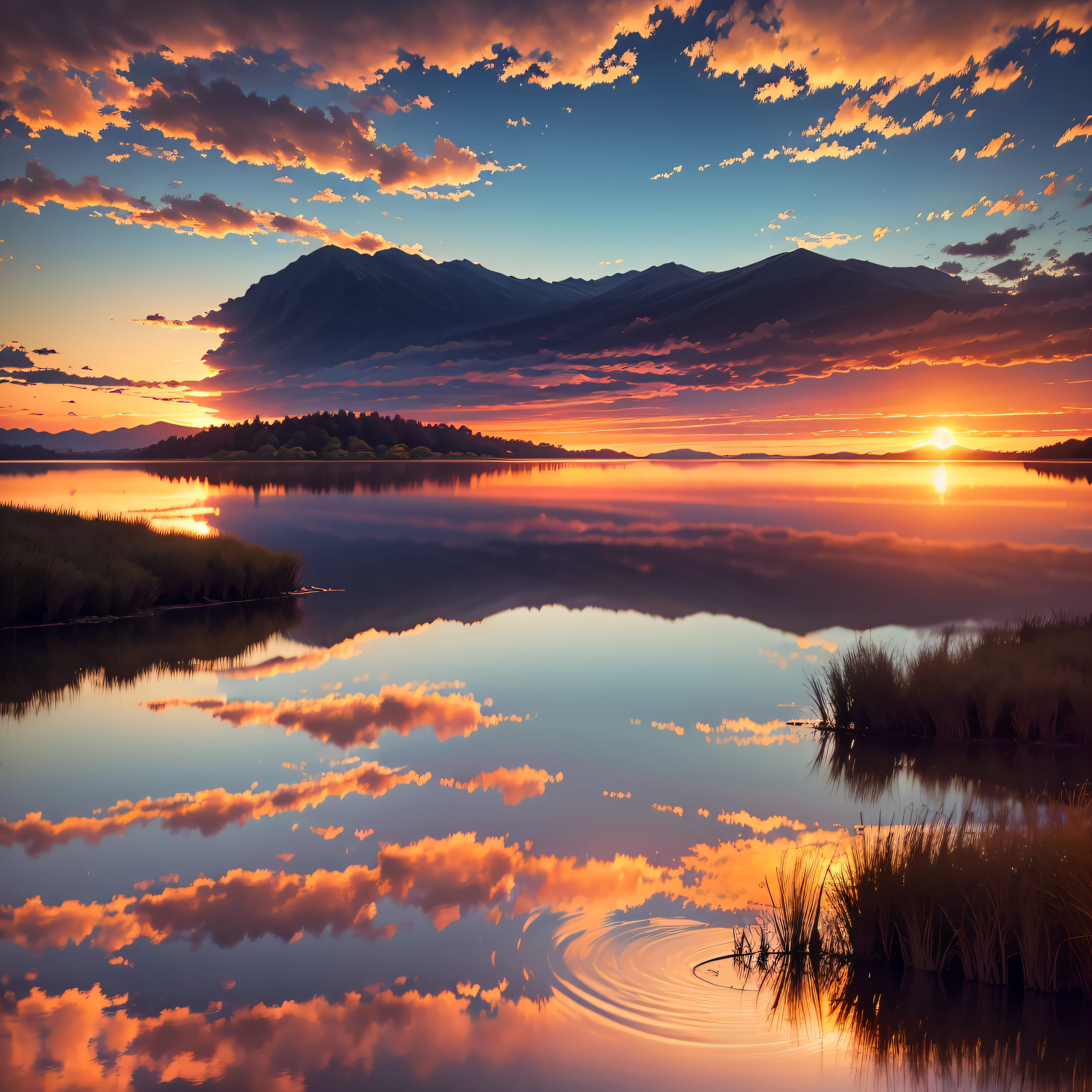Sunset Reflected on a Lake:
A calm lake reflecting the warm hues of a beautiful sunset.