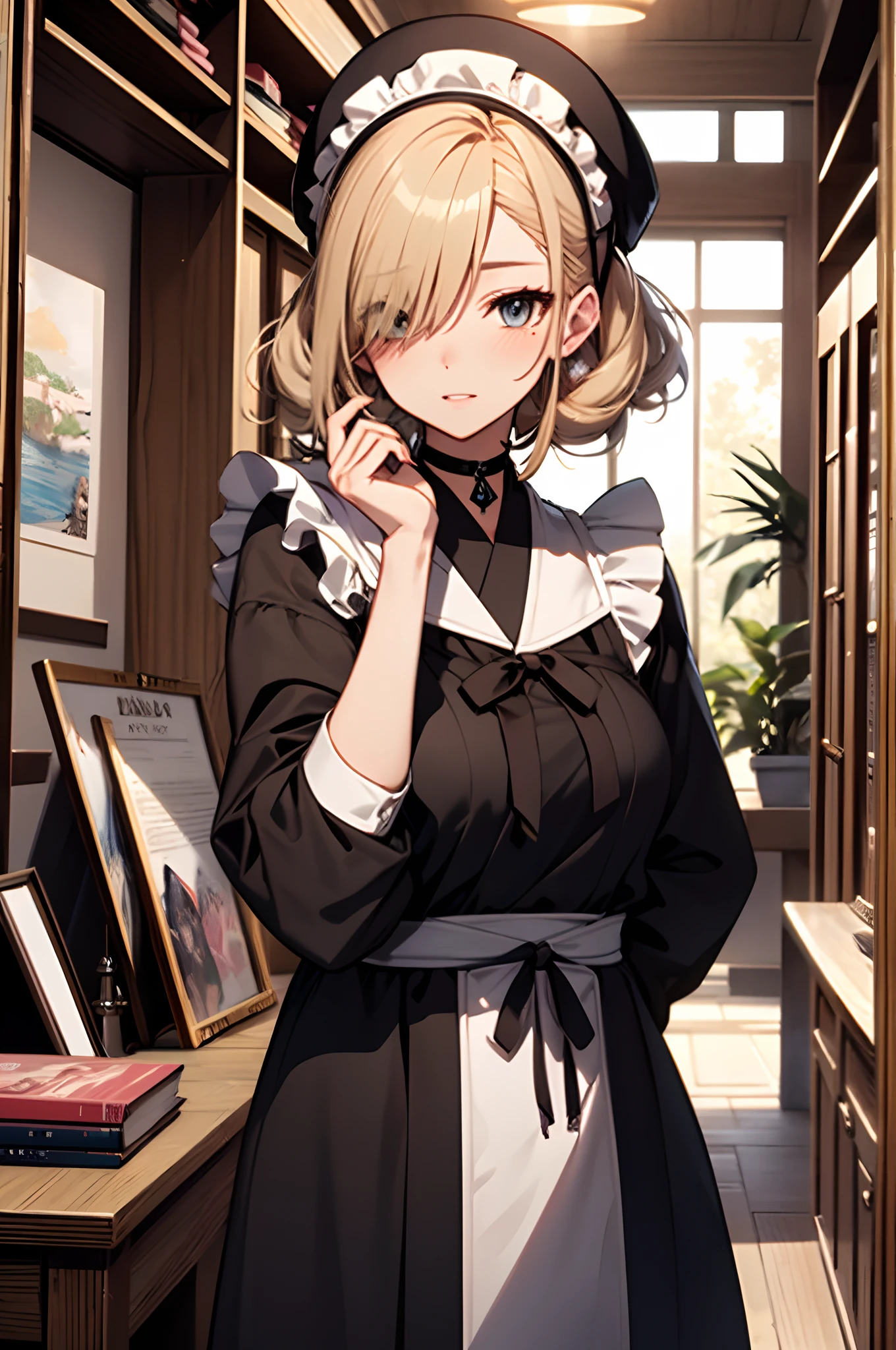 Background with:A room of the Western nobility(bookcase、Large desk lined with historical Western antiques、Big old clock、Large houseplants、astronomical telescope、antique、Old brown globe、Stuffed deer head)。Curvaceous but slender、Blonde mesh、ornament detached、Maid Sailor、Separate Wear、apron、frilld、a sailor suit、maid clothes、Niso、accessorized、shairband、Muchimuchi Body、well-muscled、mole、hair adornments、shairband、Hats、Distinctive charm points、Eyebrows、Sareme、poneyTail、Muscular nose、red blush、offensive、one eye covered、sadist、Grab a weapon(katanas、Japanese Katana Sword、shotgun、spear、short knife)、plump lips、Engaging pose、Physical beauty、Black Choker、disheveled hair、Unique fashion、Depiction in motion、Healing space、soft sunlight、Combining Light and Shadow、(top-quality、hight resolution、8k、masterpiece:1.2)。complex details beautiful and delicate eyes, Smooth Anime CG Art, Detailed Digital Anime Art, official artwork, pixiv style, Detailed anime artwork, artbook artwork, Seductive Anime Girl。