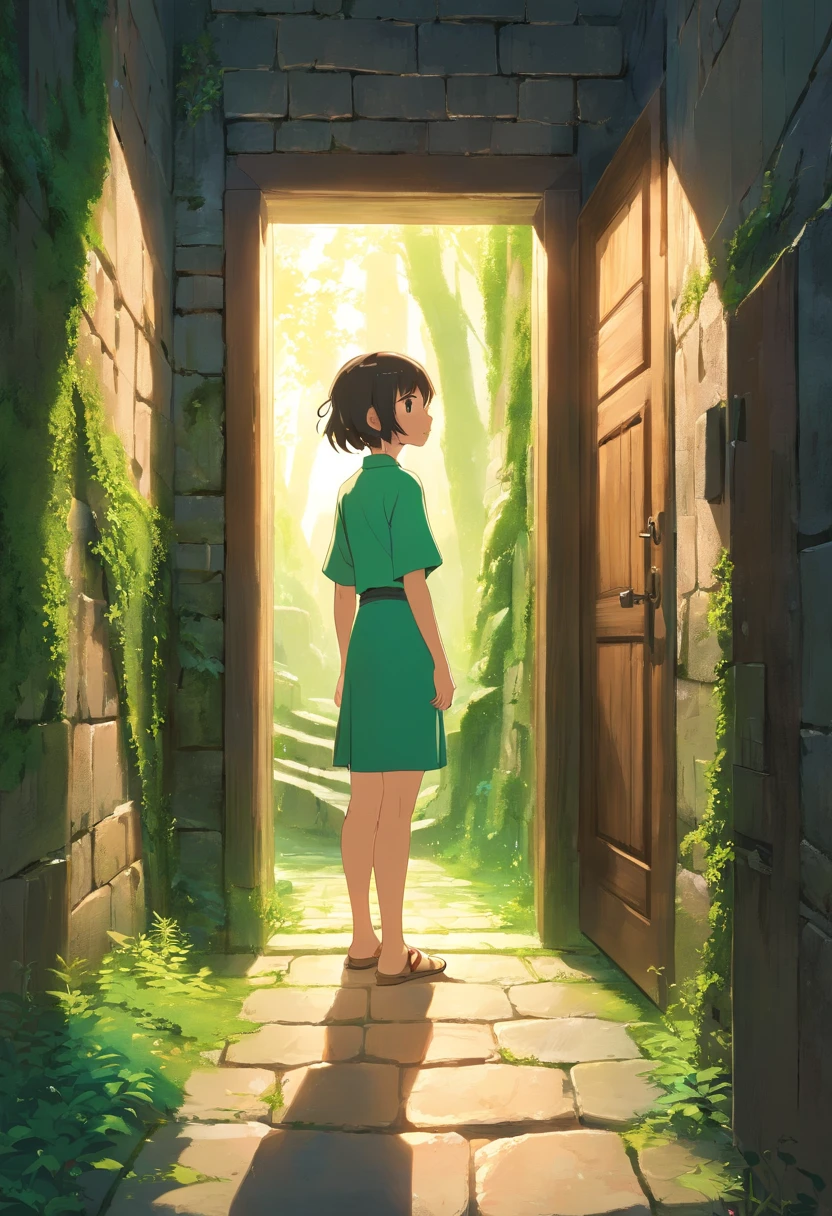 A human stands in front of a wooden door in a large maze of stone walls with mossy vines, surrounded by light from a torch on the wall in the maze.