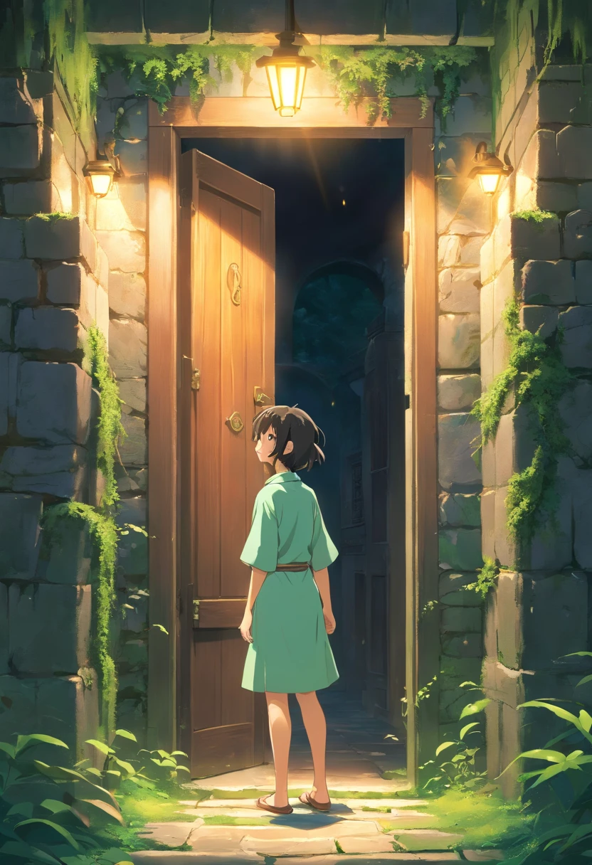 A human stands in front of a wooden door in a large maze of stone walls with mossy vines, surrounded by light from a torch on the wall in the maze.