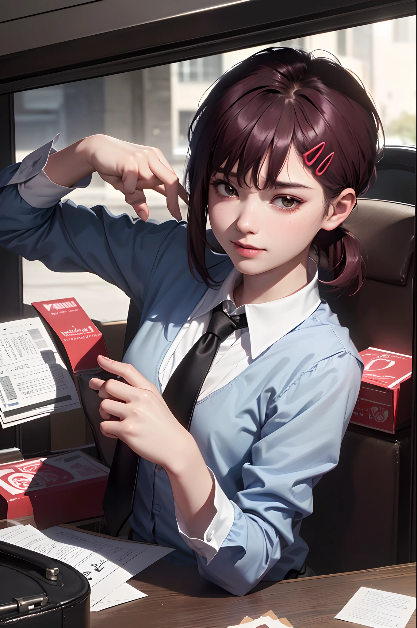 Masterpiece, Best quality, Ultra-detailed, illustration, epic lighting, film-like composition, isometric, 1fille, seulement, mignon, yeux bruns, cheveux noirs, swept bangs, single sidelock, red hairclip, shirt with white collar, Cravate noire, Pantalon noir, formel, Regard enchanteur, pose captivante, dedans, bureau, par, Ouverture par, Regarder le spectateur, peeking out upper body, rougir, seductive smile, mouth closed,(8k:1.1),