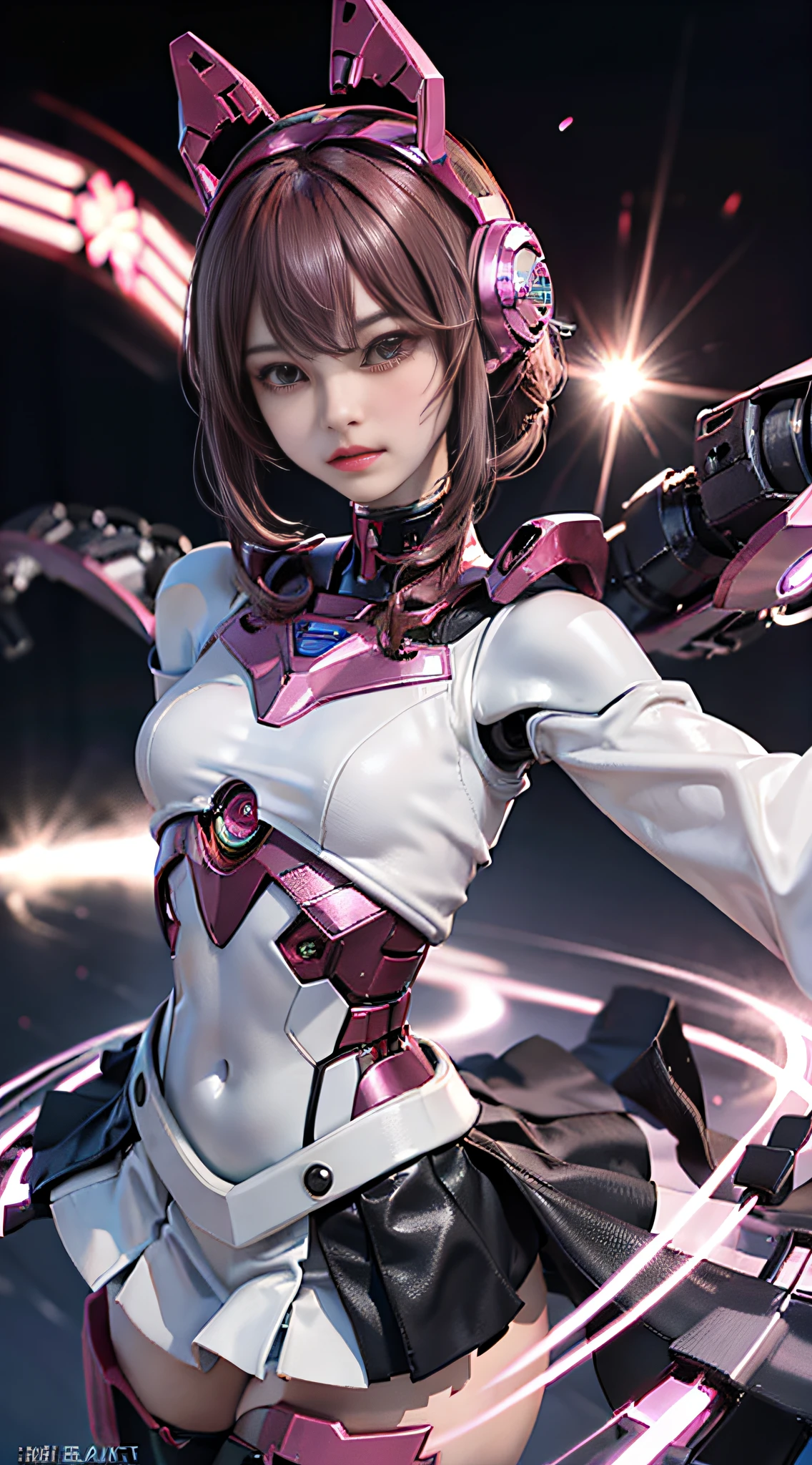 (Photorealsitic:1.4)、Onegirl、(top-quality),(hyperdetailed face)、(Super well-formed face)、((Robot Parts))、(Cyborg girl)、(pink there)、(Burgundy)、(metalic)、(fullllbody)、(Moe Pose)、(Slender body)、(tits out)、(Model body type)、(mecha exposure)、(akihabara)、(is looking at the camera)、(A dark-haired)、(９Head and body)、(a small face)、(Idol)、(front facing)、(is standing)、(Photo session)、(Looks sad)、(Cyborg girl in stage costume)、(sleeve less)、(a miniskirt)