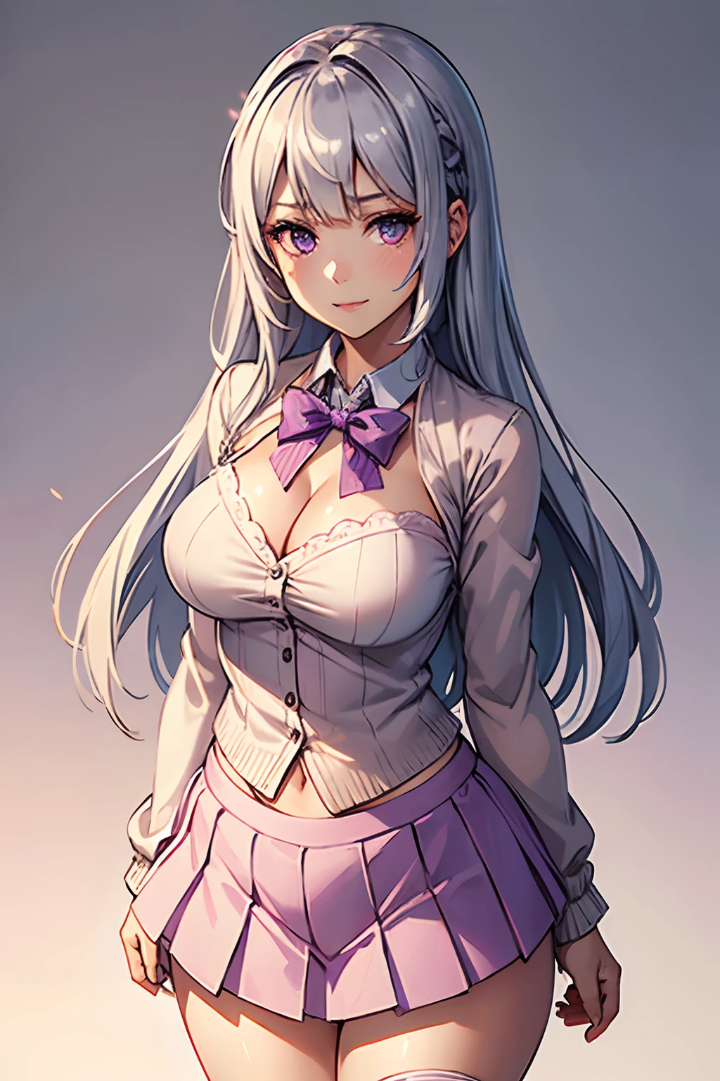 1girl, simple background, plain background, silver hair, straight hair, sprite, (visual novel), asymmetrical bangs, centered portrait, detailed face and eyes, illustration, large breasts, wide hips, thick thighs, small breasts, cleavage, cardigan, pink shirt, bowtie, pleated skirt, light smile, thick lips, purple eyes, standing, arms behind back, cute colors, pastel colors, cowboy shot