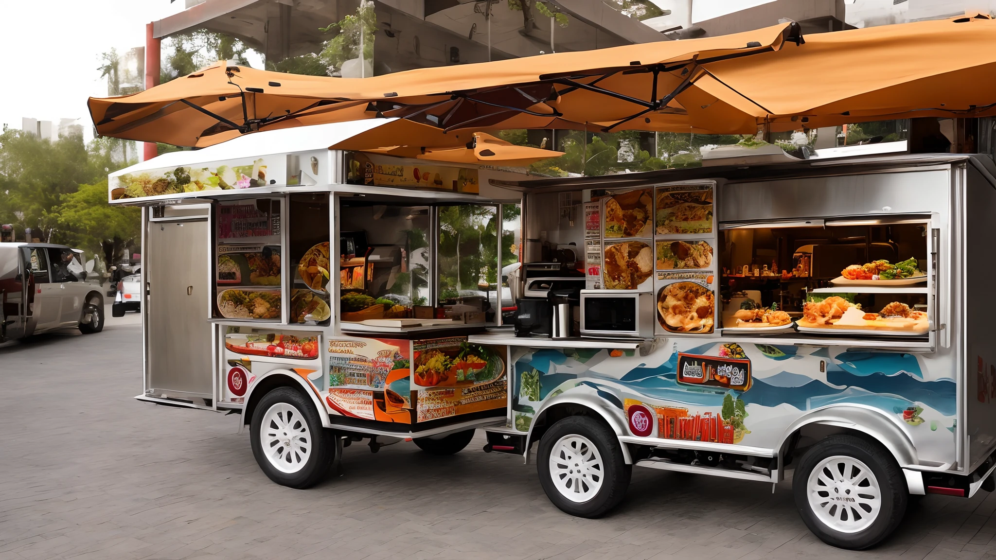 Introducing "Arabian Bites Mobile Eatery" – a stunning, mobile fast-food cart designed to tantalize your taste buds. With its elegant Middle Eastern-inspired aesthetics, this culinary marvel is a fusion of tradition and modernity. The ornate arabesque patterns adorning the exterior are juxtaposed with sleek, stainless steel surfaces. Its vibrant colors evoke the spirit of the Arabian souks.

"Arabian Bites" features a cleverly designed kitchenette equipped with state-of-the-art appliances to whip up delectable Middle Eastern treats on the go. From mouthwatering shawarma to crispy falafel, this cart has it all. LED lights softly illuminate the offerings, adding a touch of magic to the evening ambiance.

The name, "Arabian Bites," encapsulates the essence of this culinary adventure, promising a taste of the Arabian Peninsula with every bite. This mobile eatery isn't just about food; it's a cultural experience on wheels.