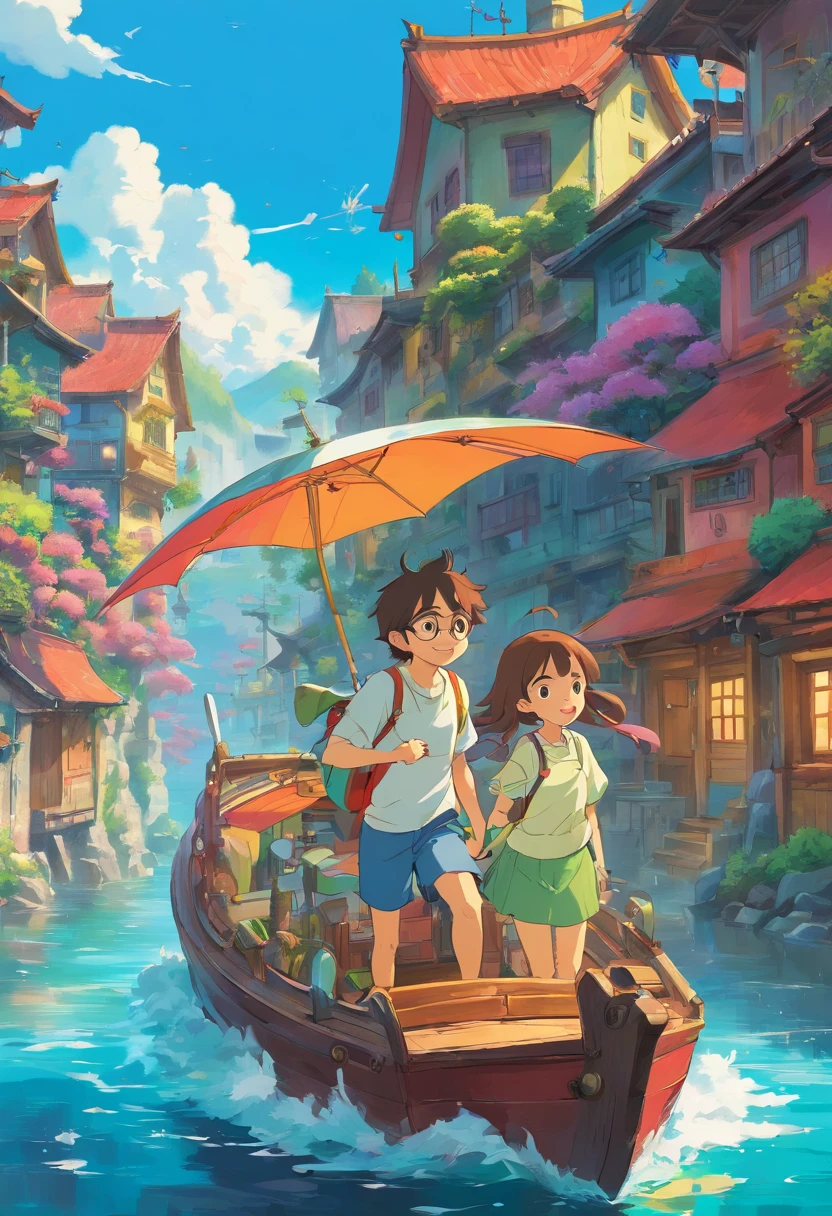 a cartoon picture of a girl and a boy riding on a boat, a beautiful artwork illustration, colorful illustration, colorful kids book illustration, colorfull illustration, archan nair, painterly illustration, fairy-tale illustration style, editorial illustration colorful, colorful concept art, dreamy illustration, colorful! character design, fabulous illustrations, illustrated in whimsical style, exquisite digital illustration