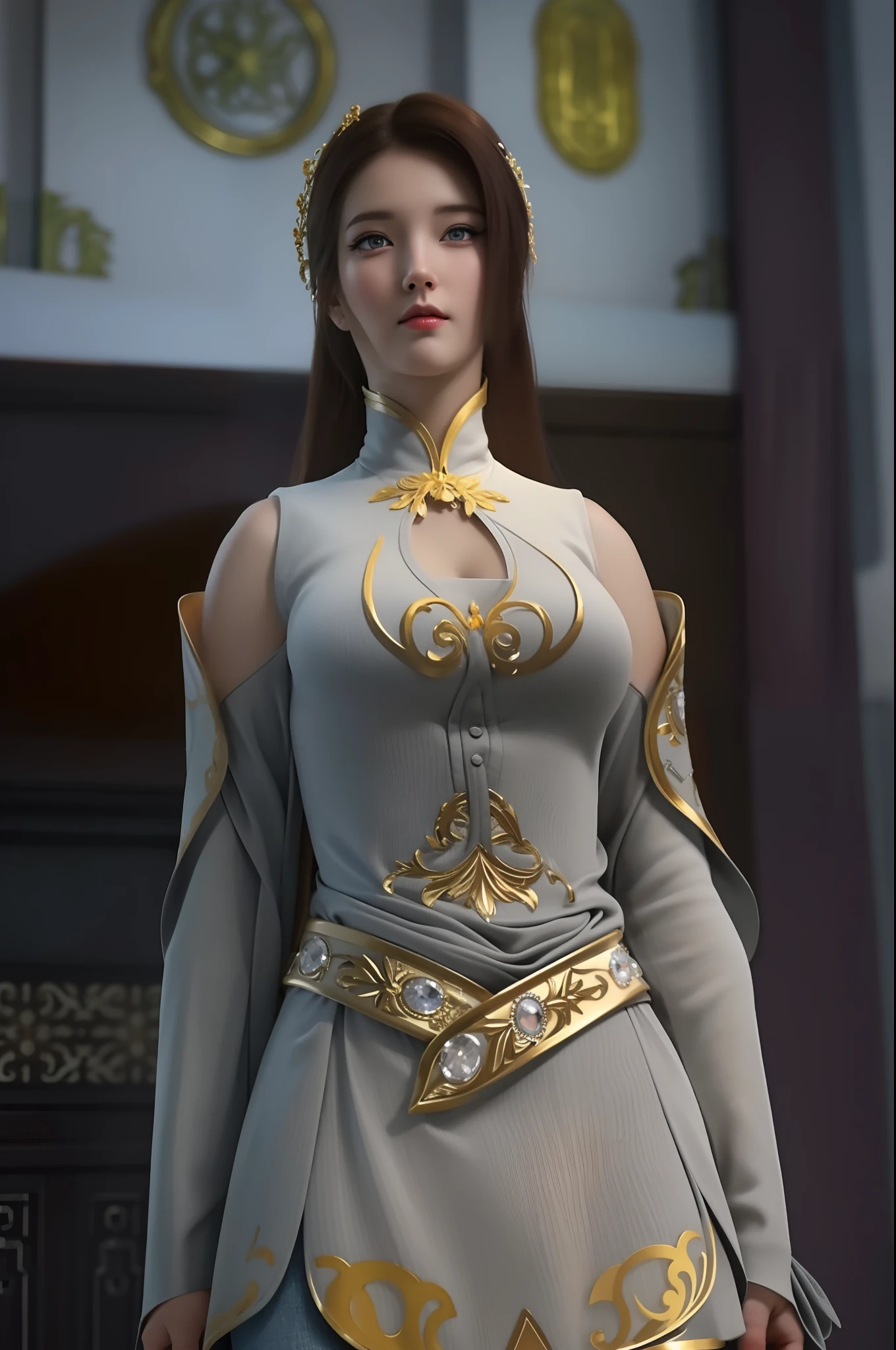 (hyperrealistic), (illustration), (high resolution), (8K), (extremely detailed), (best illustration), (beautiful detailed eyes), (best quality), (ultra-detailed), (masterpiece), (wallpaper), (photorealistic), (natural light), (rim lighting), (detailed face), (high detailed realistic skin texture), (anatomically correct), (solo), (1 girl), (high detailed realistic hair), (caramel hair:1.35), (heterochromic eyes), (detailed eyes), (grey eyes:1.37), (sparkling eyes), (realistic big breasts:1.5), (exposed breasts:1.35), (long legs), (slender abs), (dynamic pose), (closed tiny mouth:1.3), nsfw, concentrated expression.