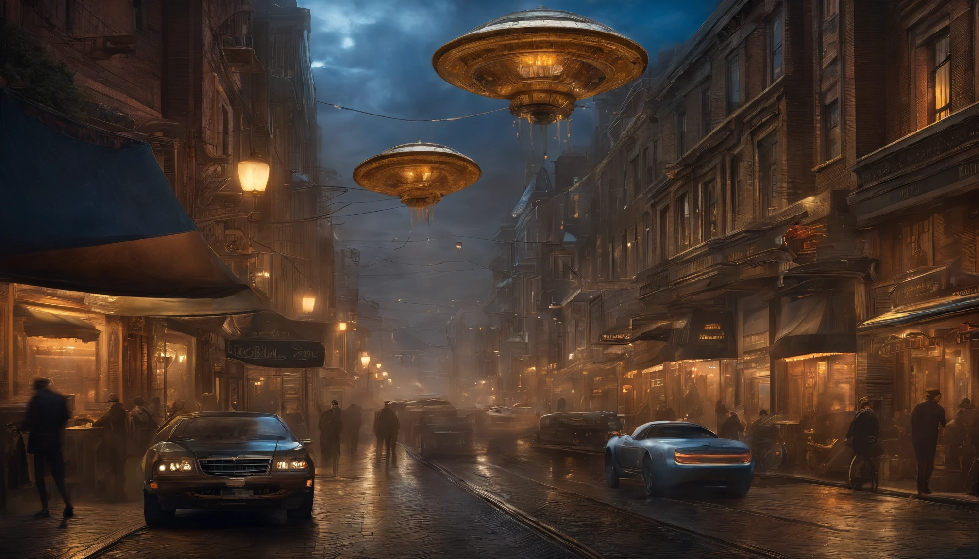 (masterpiece、4K、ultra-realistic:1.2)、illustration、(realistic:1)、(Photorealistic:1)、((Magnificent UFO in the sky:1.5)), ((futuristic bronze colored steampunk hypercar in street)), panorama、a、((fish-eye lens:1.2))、 (Steampunk Cyberpunk Cityscape)、(midnight、cyberpunk, asphalt、graffiti art、Reflectors、Shops、kiosk、Walkway、a street、police officers、taxis)、(Skyscraper、Foggy:1.4)、 ((pedestrians、Large crowds on street))、 (neon signs、Blue Neon、Pink neon、Yellow neon:1.4), rain puddles on street reflecting lights, John William Waterhouse style.