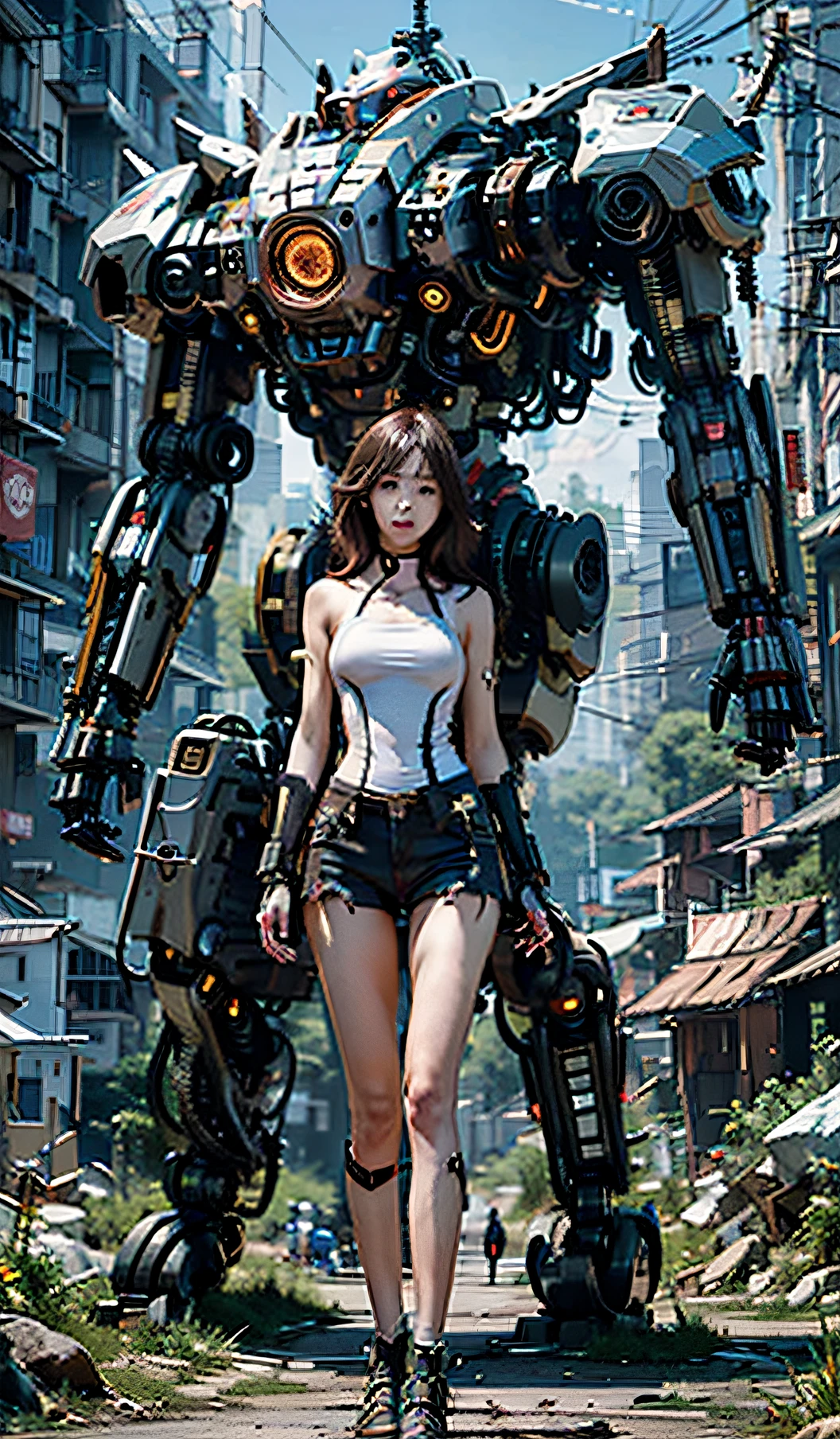 Summer sea, sexy girl in sea, naked, topless , very large breasts, handsome metal robot hugging her from behind, talking in her ear, lifting her, 40k, photo, masterpiece, top quality, (1 girl's green eyes and dark hair immediately curled with open legs), an elderly robot leans on her from behind and picks her up
