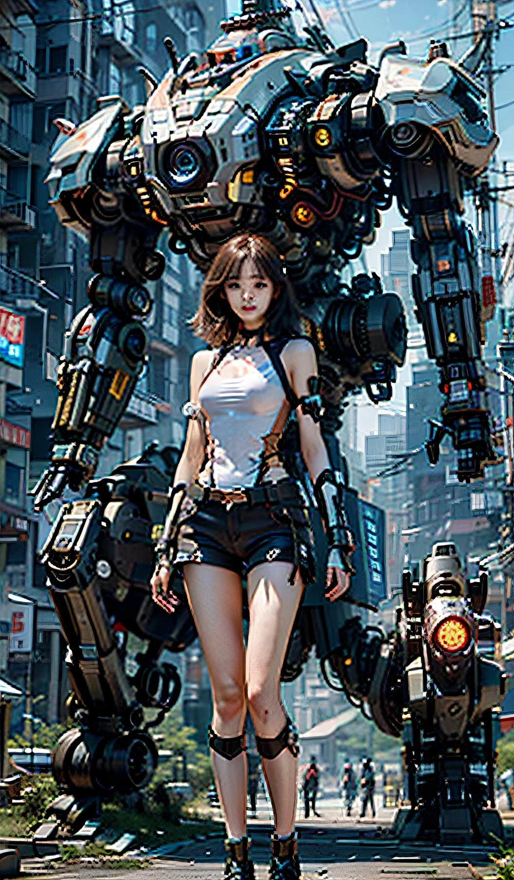 （（tmasterpiece，best qualtiy）），illustratio，Ultra-detailed 8K，Realistic ，Clear focus，Highly detailed，Professional lighting，Colorful details，Rainbow color BREAK factory super long shot，Large mechanical robot structure，Up，micro Chip，Computer，with light glowing，Intricate details，Shitu-mecha，1 Cyberpunk girl standing，Toned body，Chengdu，Beautuful Women