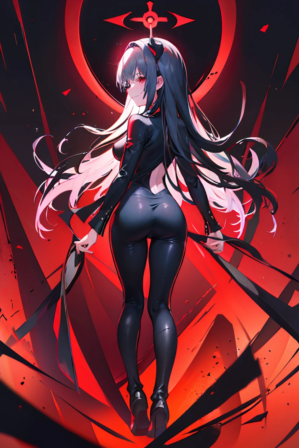 Carefully draw the face　High-quality faces in anime style　Shiny black full body suit　Black High Heels　Red lines all over the body　a blond　huge tit　Big ass　Whip thighs　seductiv　a smile　Morrigan Aensland　Rear view