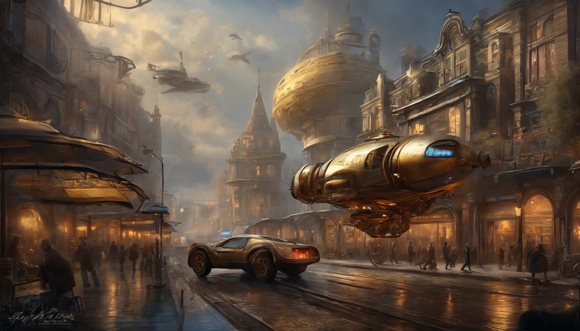 (​masterpiece、4K、ultra-realistic:1.2)、illustration、(realistic:1)、(Photorealistic:1)、（(Magnificent UFO in the sky：1.5)), ((futuristic bronze colored steampunk hypercar in street)), panorama、a、((fish-eye lens:1.2))、 (Steampunk Cyberpunk Cityscape)、(midnight、cyberpunk, asphalt、graffiti art、Reflectors、Shops、kiosk、Walkway、a street、police officers、taxis)、(Skyscraper、Foggy:1.4)、 ((pedestrians、Large crowds on street))、 (neon signs、Blue Neon、Pink neon、Yellow neon:1.4), rain puddles on street reflecting lights, John William Waterhouse style.