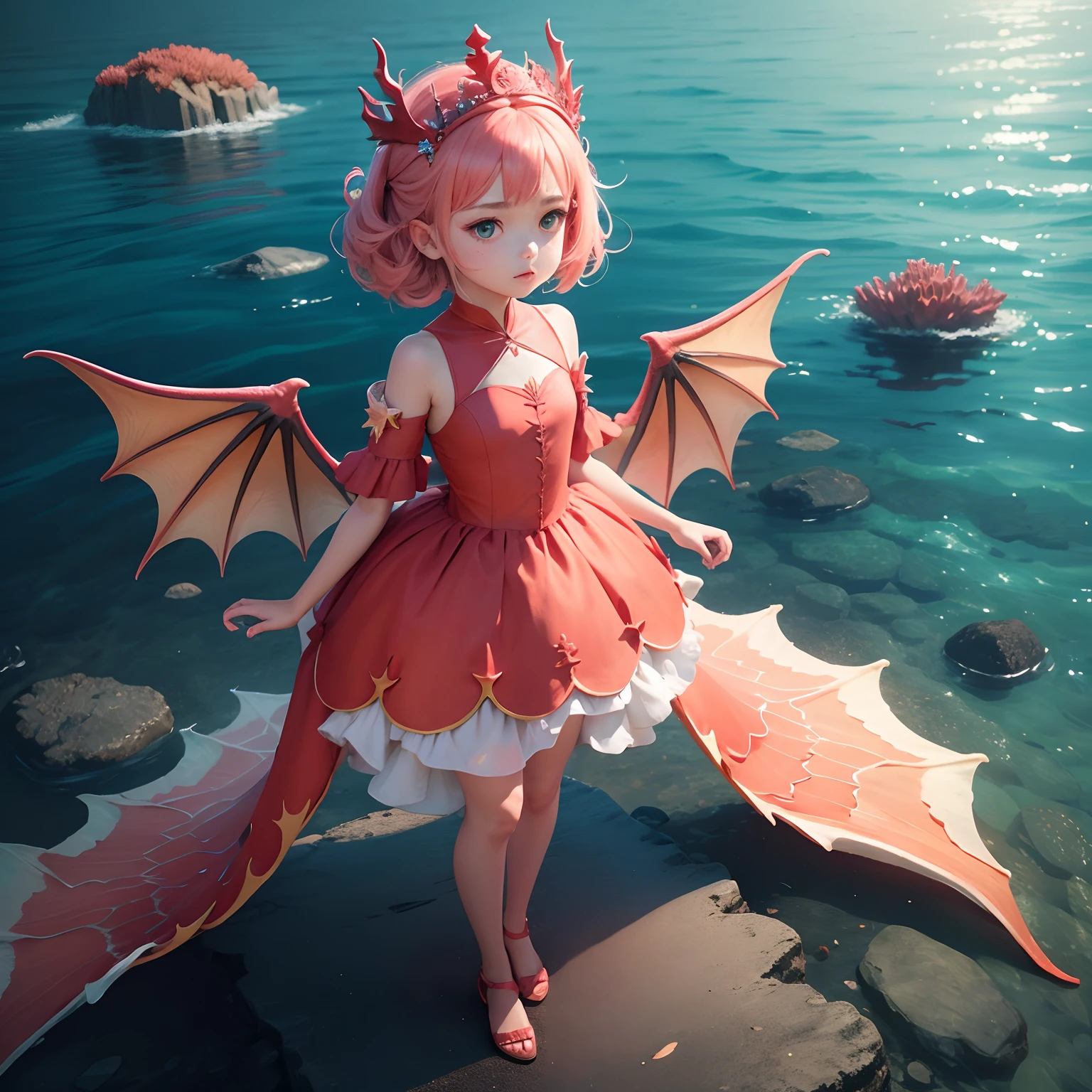 girl, sea coral crown, sea coral dress, dragon wings, dragon tail, corals and sea stars, full body
