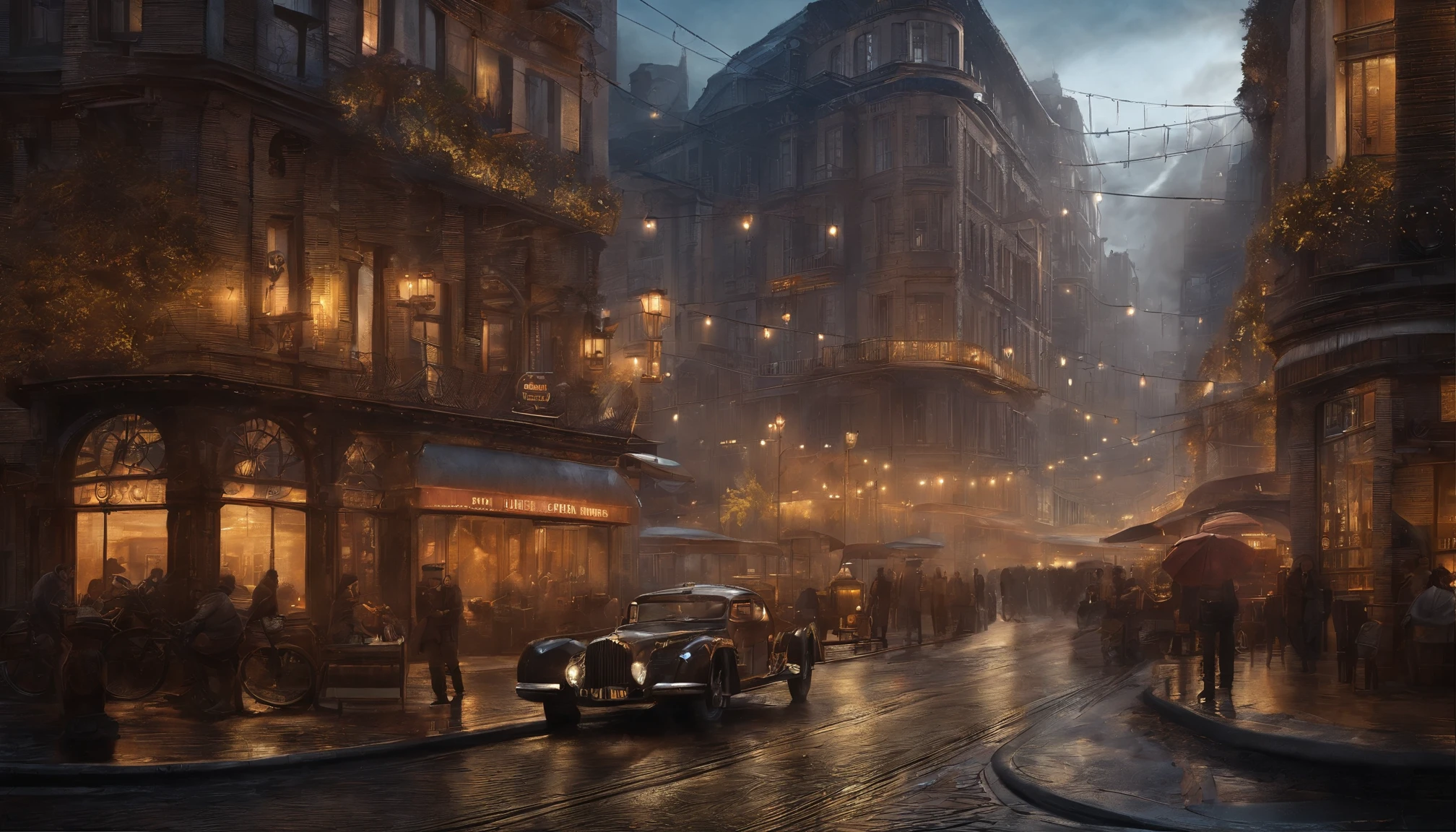 (​masterpiece、4K、ultra-realistic:1.2)、illustration、(realistic:1)、(Photorealistic:1)、（(Magnificent UFO in the sky：1.5)), ((futuristic bronze colored steampunk hypercar in street)), panorama、a、((fish-eye lens:1.2))、 (Steampunk Cyberpunk Cityscape)、(midnight、cyberpunk, asphalt、graffiti art、Reflectors、Shops、kiosk、Walkway、a street、police officers、taxis)、(Skyscraper、Foggy:1.4)、 ((pedestrians、Large crowds on street))、 (neon signs、Blue Neon、Pink neon、Yellow neon:1.4), rain puddles on street reflecting lights, John William Waterhouse style.