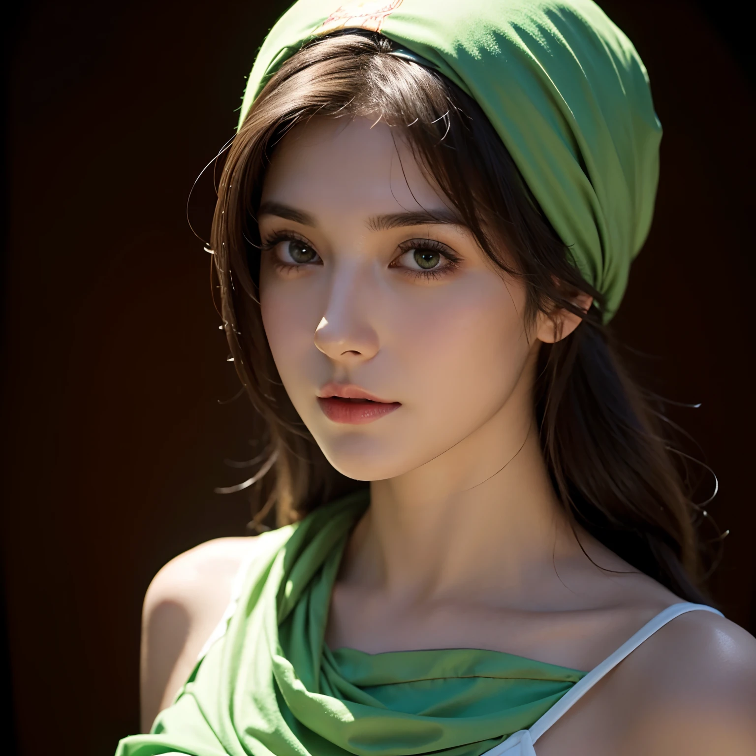 Brunette with headscarf 1 woman, dressed in short clothes, eyes green, shoulders open and beautiful, She poses with her beautiful body, realistic, Ultra-realistic,