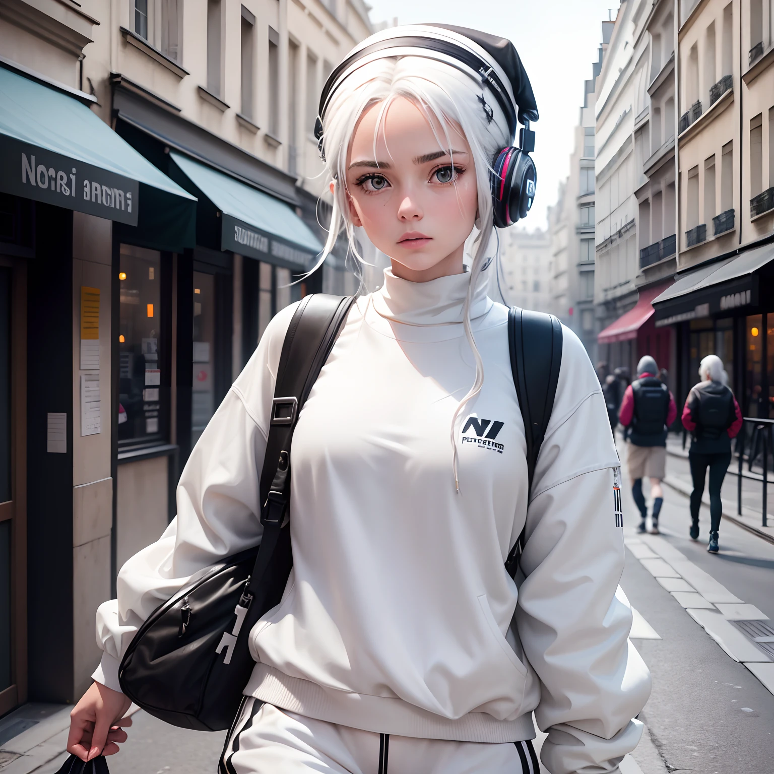 Photo realiste,A girl with white hair tied up, sportswear in white and black, porte une casquette, headphones in the ears, rue de Paris, High definition 8k,hdr,photo dynamique,