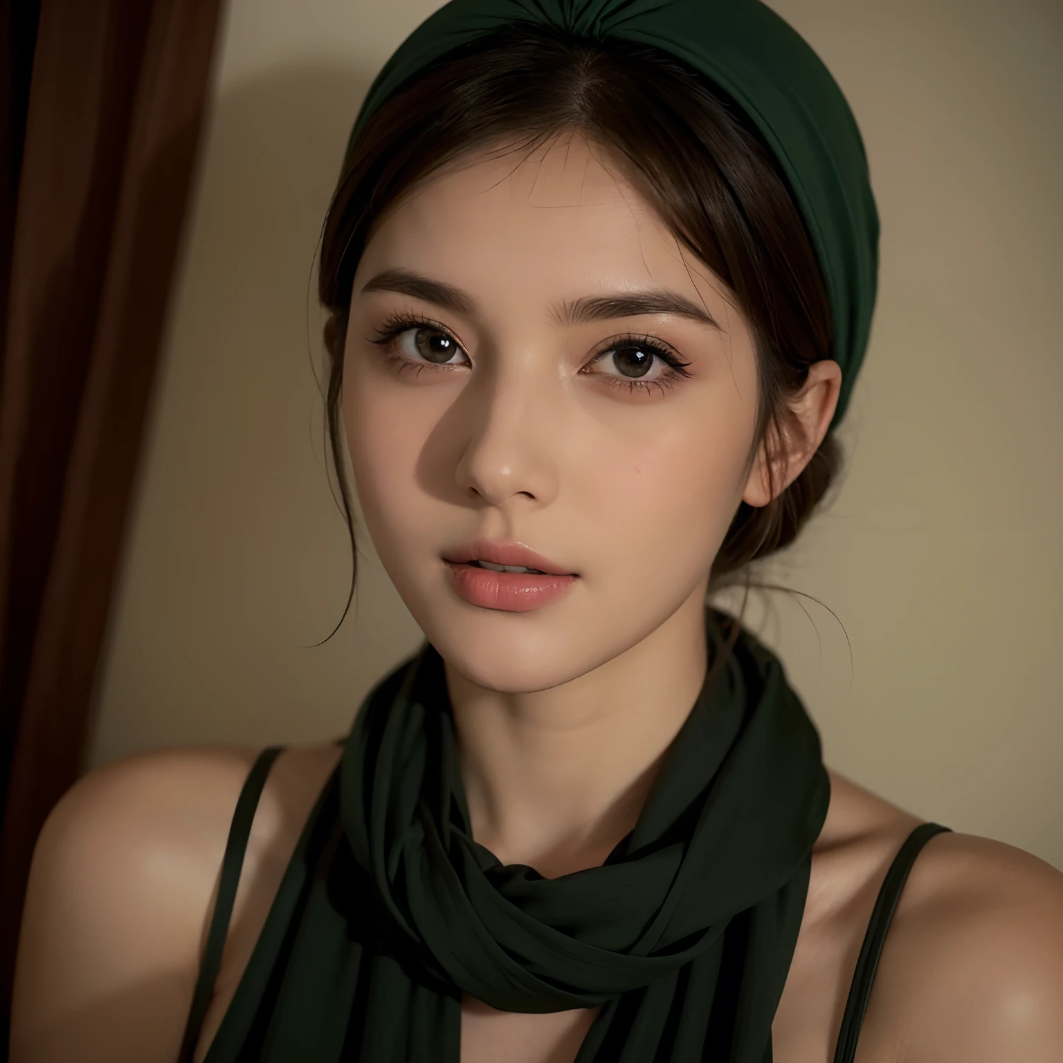 Brunette with headscarf 1 woman, dressed in short clothes, eyes green, shoulders open and beautiful, She poses with her beautiful body, realistic, Ultra-realistic,