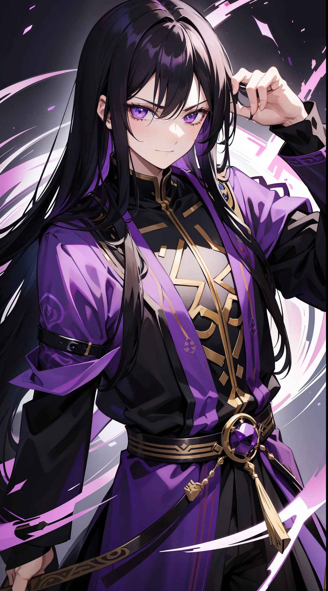 Grown-up guy, Long black hair, violet eyes, smirk, Fiadem, Purple Royal Ninja, Gold Elements, Masterpiece, hiquality, 4k, HD, Good detail