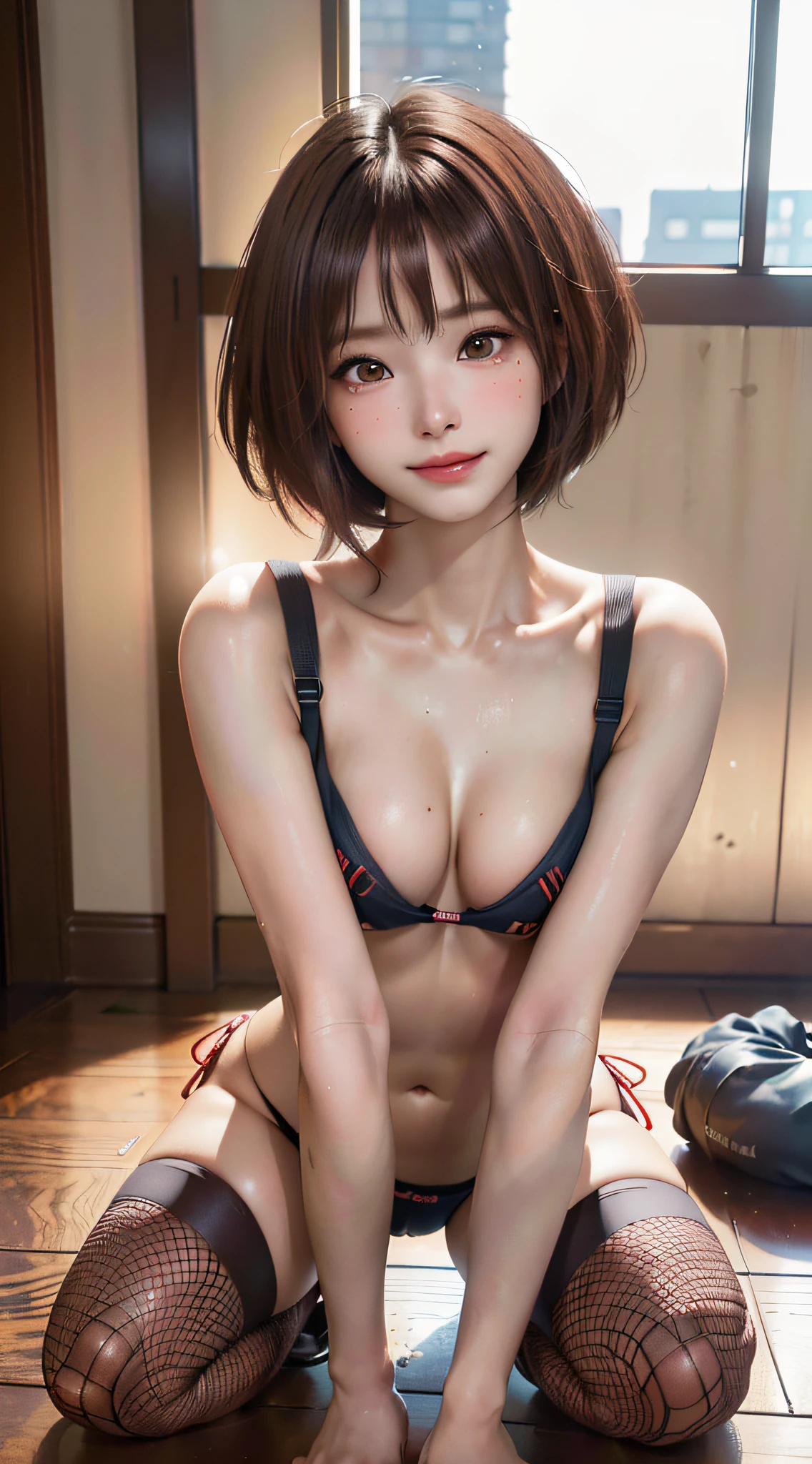 ((8k, RAW photos, top quality, masterpieces), high-definition RAW color photos professional close-up photos, (realistic, photorealism: 1.37), (highest quality), (best shadows), (best illustrations), ((ultra high resolution, high-definition CG unified 8K wallpapers, physically based rendering, movie lighting), in the camping-site:1.37, 1girl:1.3, 18 year old girl, (RoboCop, Full body fishnet stockings, micro-bikini, red color ribbon on the neck), beautiful detail eyes, light on the face, ((full body shot: 1.2)), especially strong light, (upper eyes, grinning smile:1.3), shiny skin, skin tanned, (((dark brown hair, short hair:1.2))), (thick thighs), shy, (flash:1.2), (Get on all fours and stick your butt out)), ((good anatomy: 1.2)), ((bright and refreshing, background blurred: 1.2)), perfect face, cute face, (high angle shot:1.2), small breasts, small hip, Look from behind, Biking, hip close-up, Lean your back forward