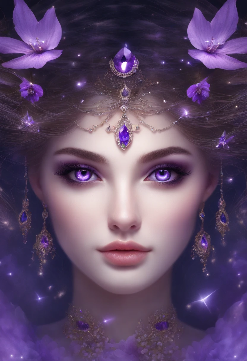 Masterpiece, Best quality, Ultra-detailed, illustration, , , 1fille,seulement, Image body, fleur, Regarder le spectateur, , , yeux violets, Jewel-like eyes, extremely detailed eyes, extremely detailed face,, , star (ciel), constellation, Purple energy, rampe, meteor