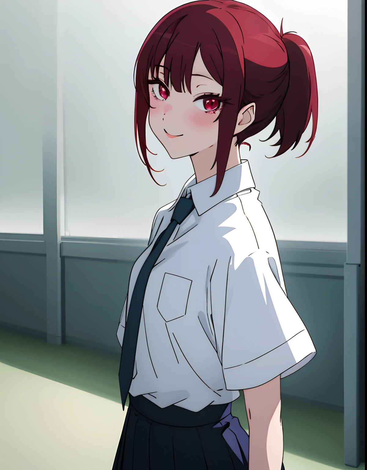 4k, Masterpiece, hight resolution, absurdress, natural volumetric lighting and better shadows, Deep depth of field, sharp-focus, Soft, Gentle, Beautiful, attractive face, [kitagawa marin with red hair|Nadia], Anime style bisquedoll, 1girl, :D, upper-body, red hair, black skirt, blusher,sitting at chair, short red hair with little ponytail, looking a viewer, black skirt, red eyes, school uniform, Shirt, exteriors, upskirt, Smile, 独奏, whitebackground, white shirt.