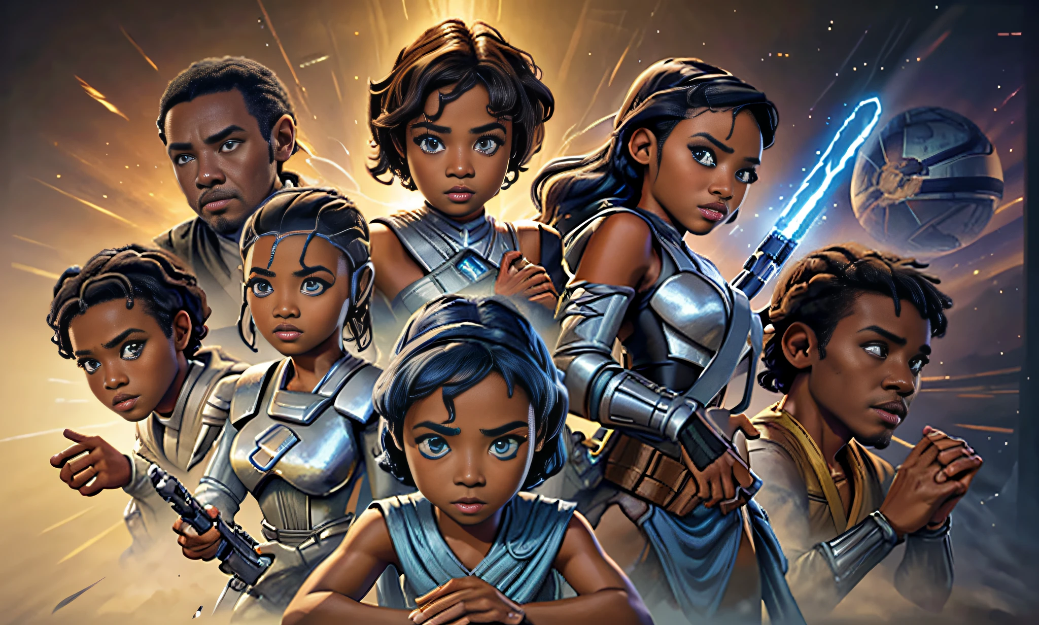african-american star wars childrens epic movie poster AS-YoungV2 (masterpiece:1.2) (illustration:1.2) (best quality:1.2) (cinematic lighting) (sharp focus), right and good hands, correct fingers, correct iris, detailed skin, detailed face